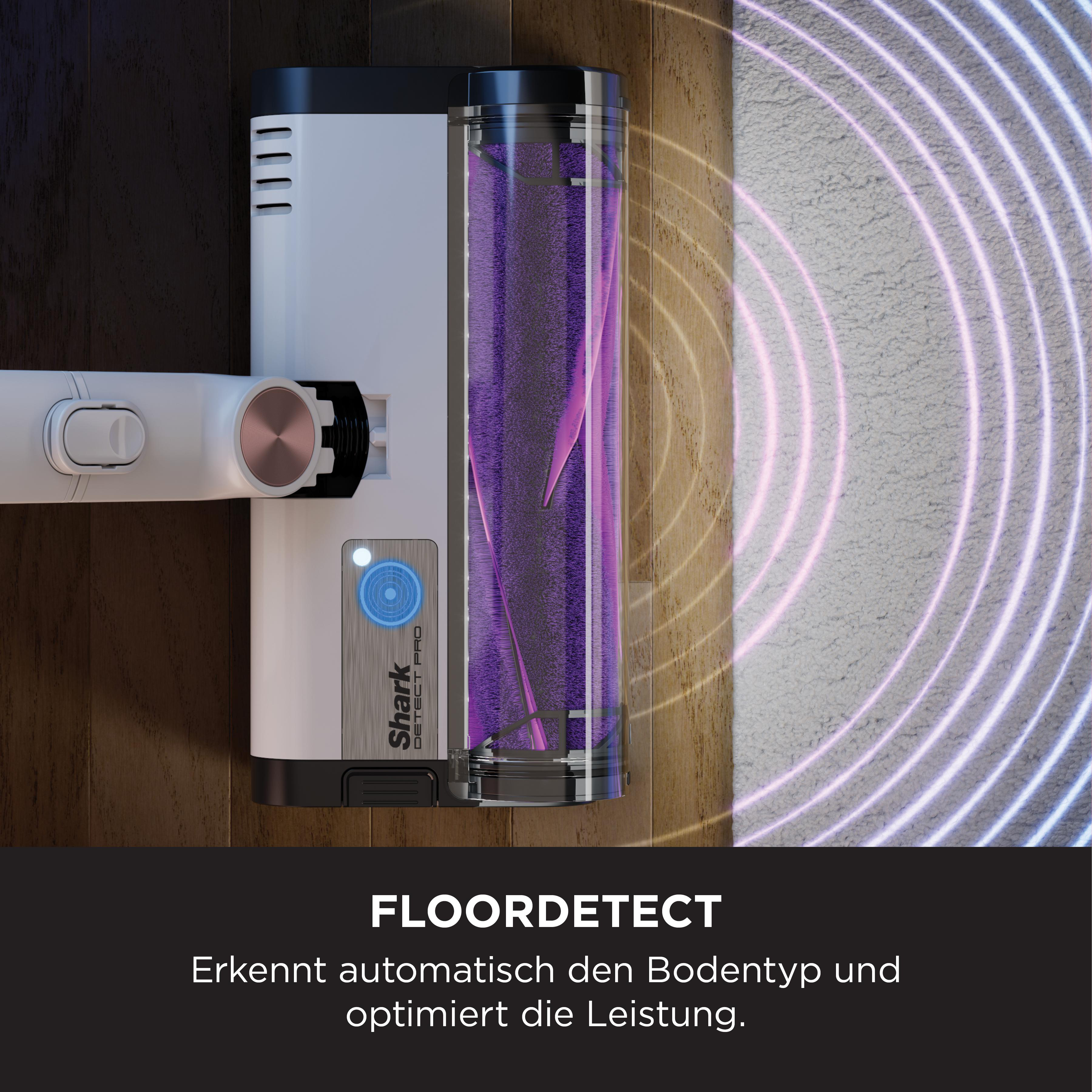 Ein Staubsauger mit violettem Bürstenkopf auf Holz und Teppich.