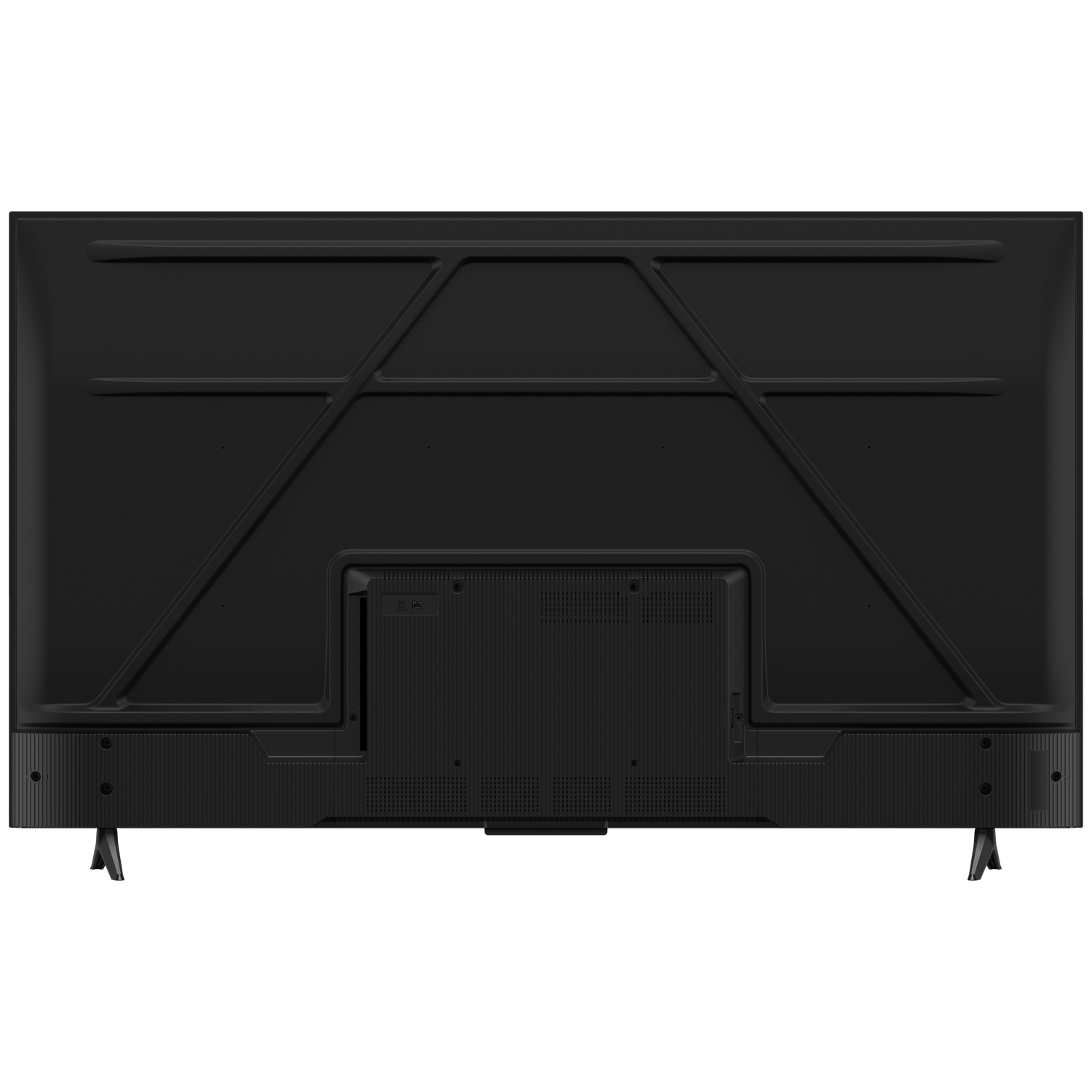Back of a black television with stand legs and ventilation slits.