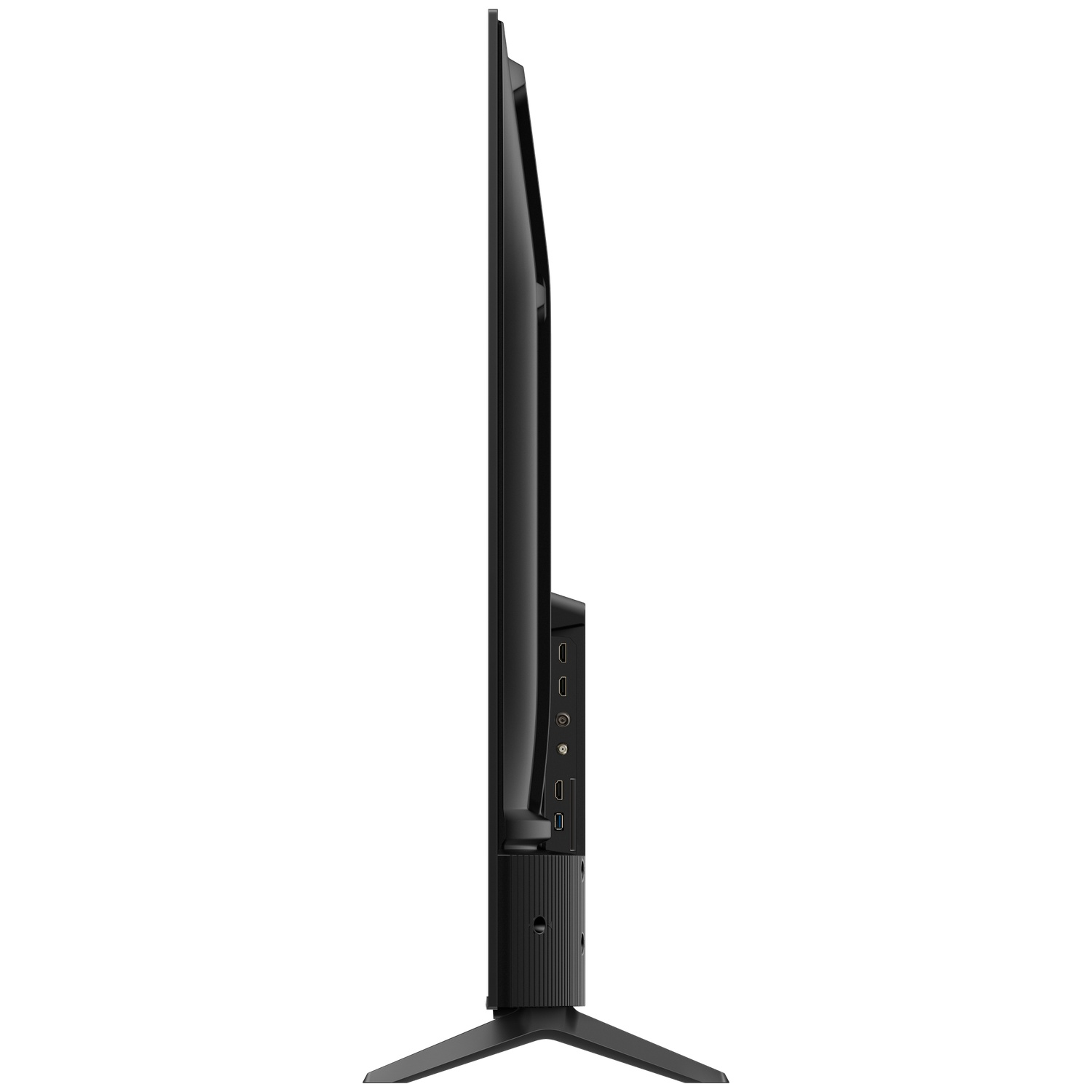 Side view of a black television with a stand and ports.