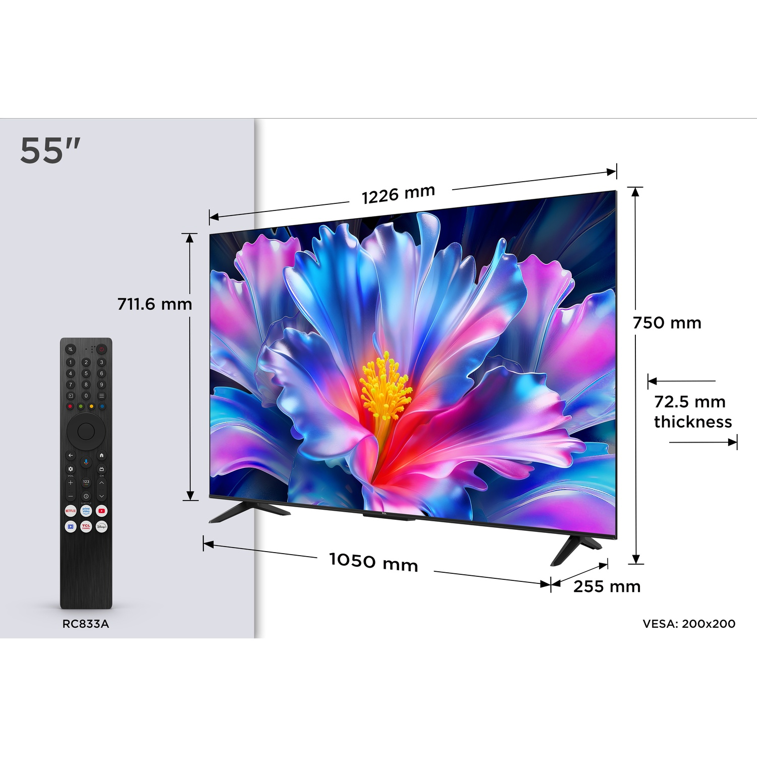 55-inch TV with remote control and dimensions.