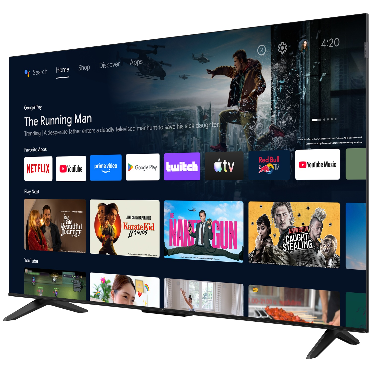 A smart TV screen displays a UI with movies and apps.