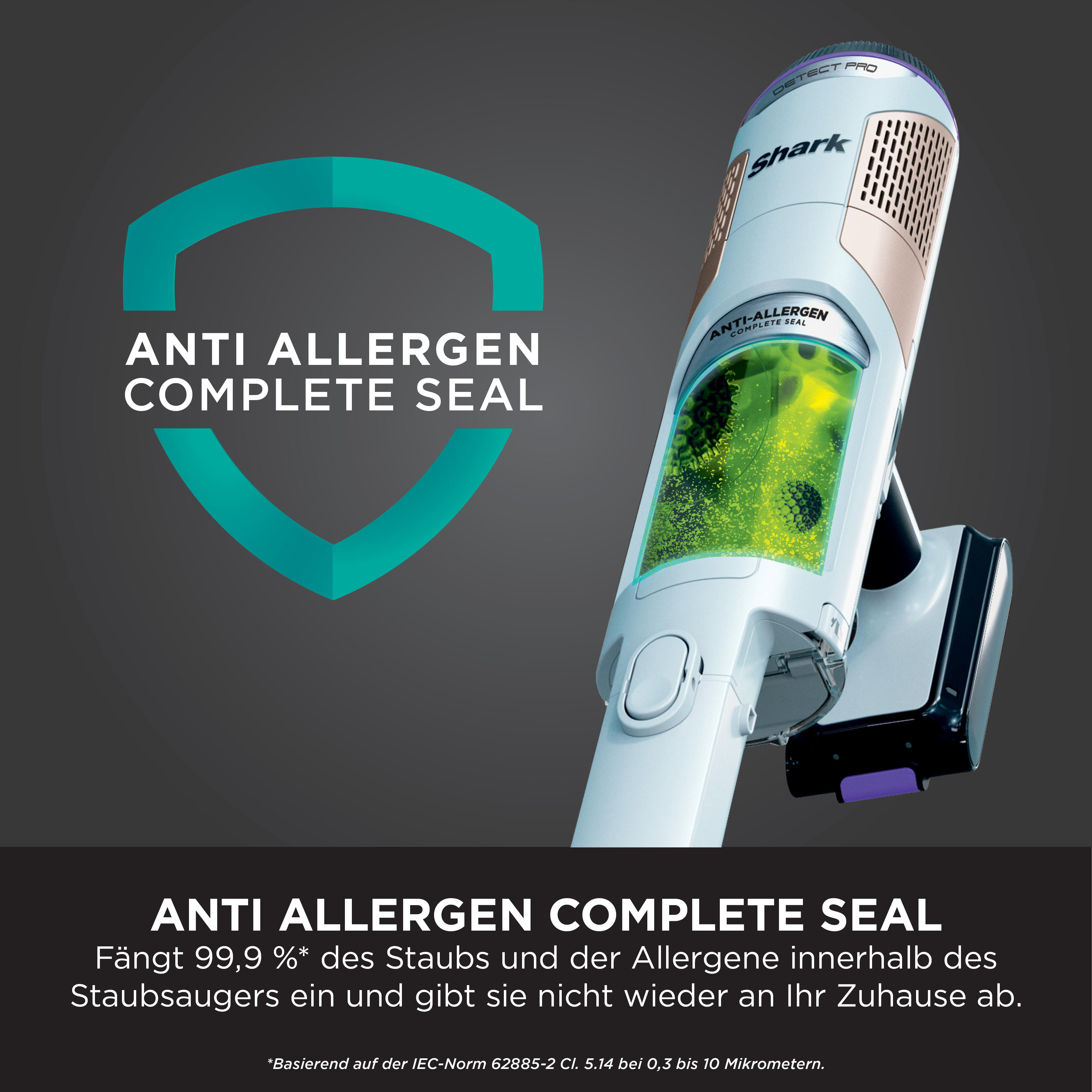 Shark Anti-Allergen Complete Seal Staubsauger mit grünem Behälter.