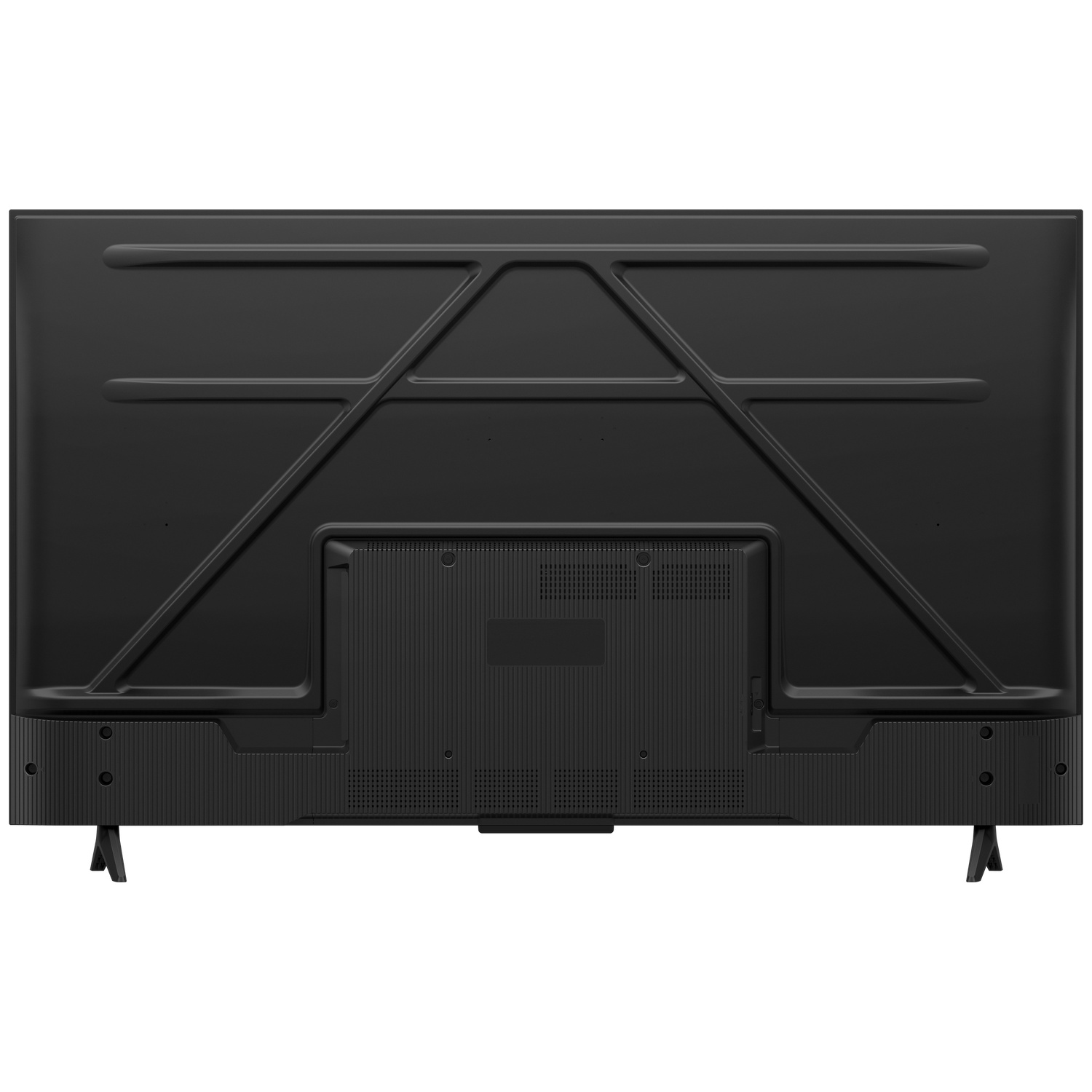 Back view of a black television with stand legs and ventilation slots.