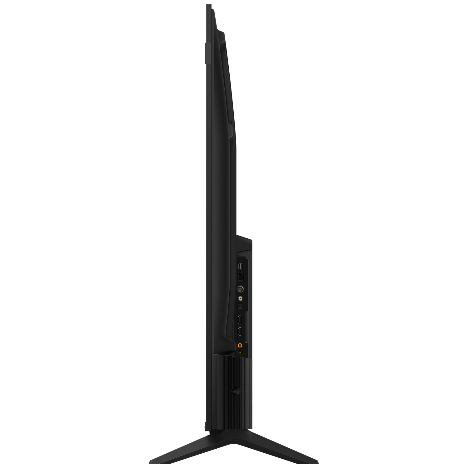 Side view of a black flat-screen TV with ports on its side.