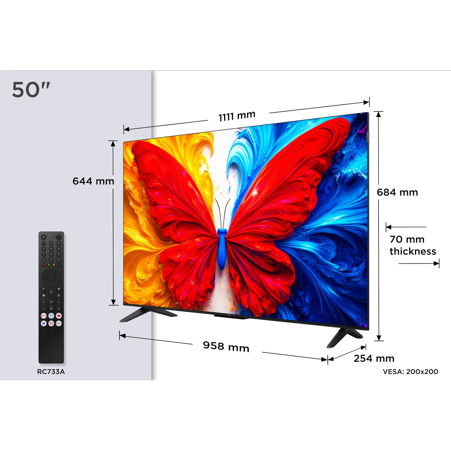 A 50-inch TV displaying a colorful butterfly image, with dimensions shown.