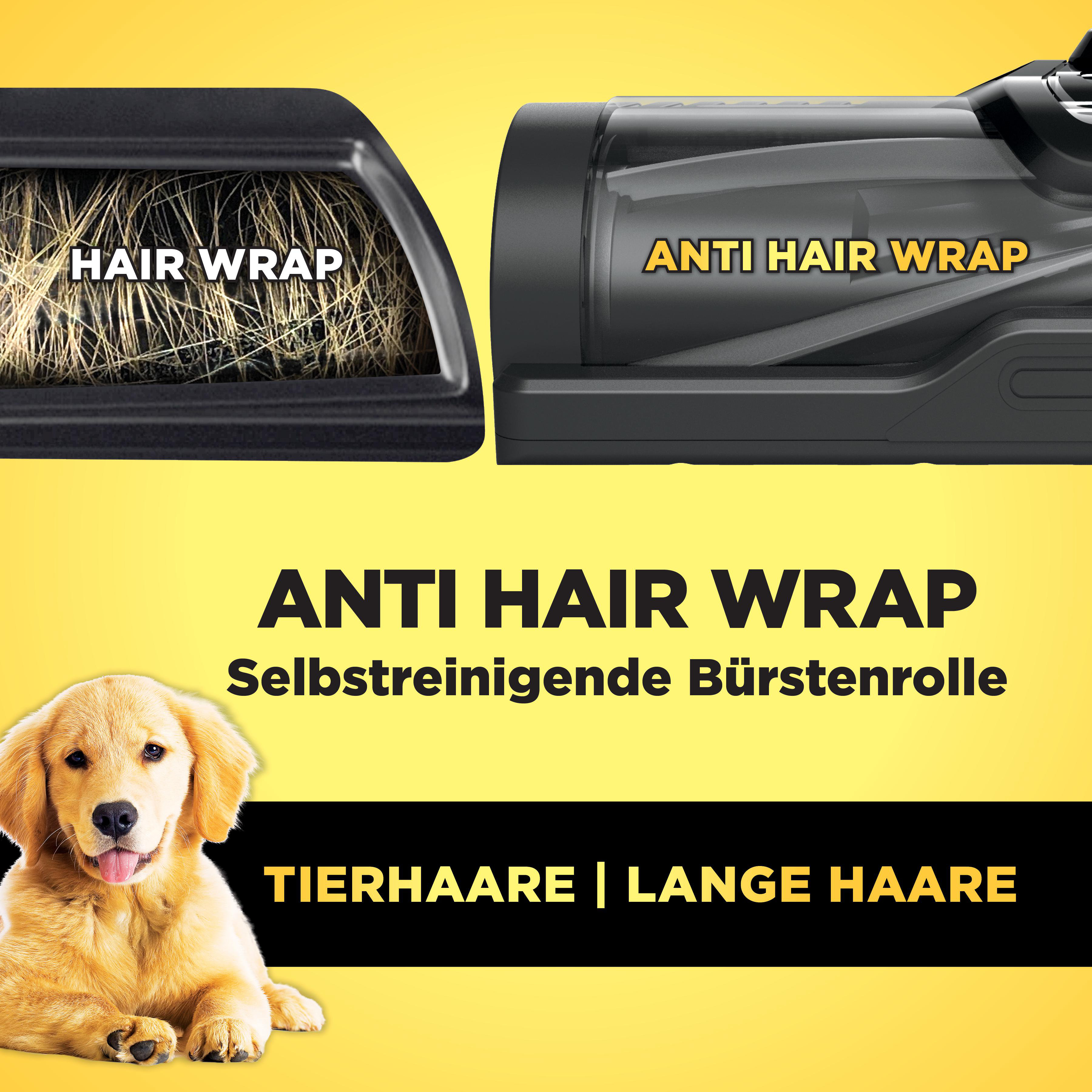 Golden Retriever Welpe vor Anti Hair Wrap Staubsauger-Teil auf gelbem Hintergrund.