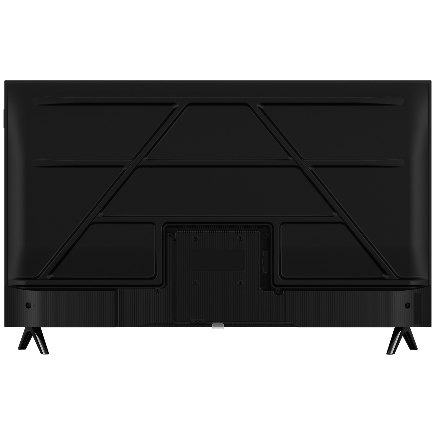 The back of a black television set with two V-shaped legs.