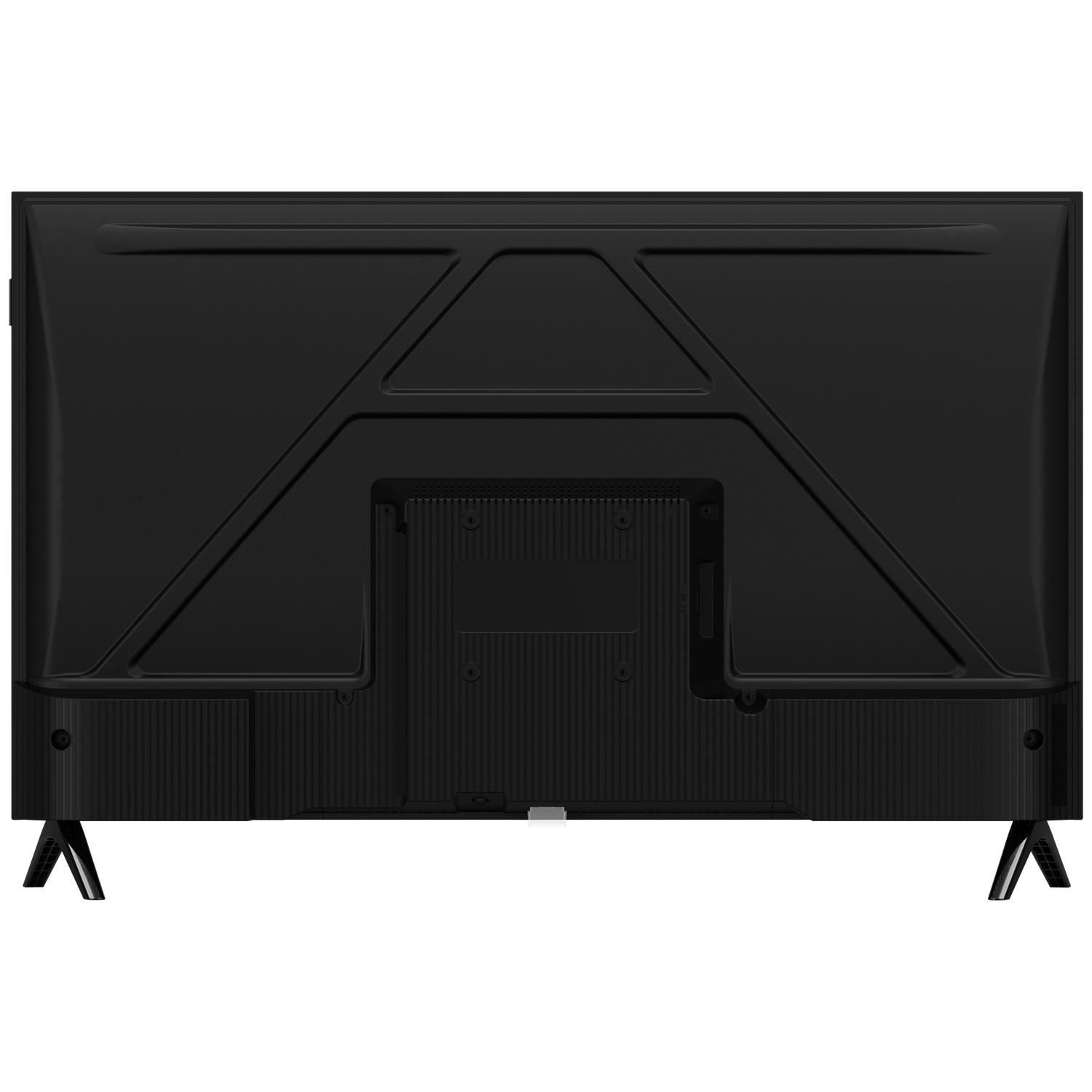 Rear view of a black television with stand legs and ventilation slots.