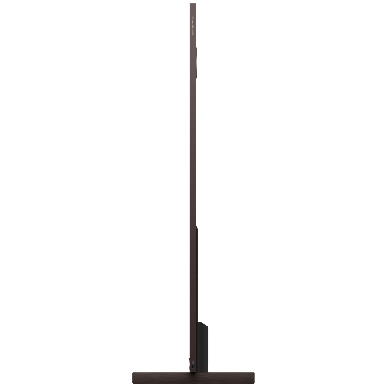 A slim, dark television set with a narrow bezel, standing on a base.