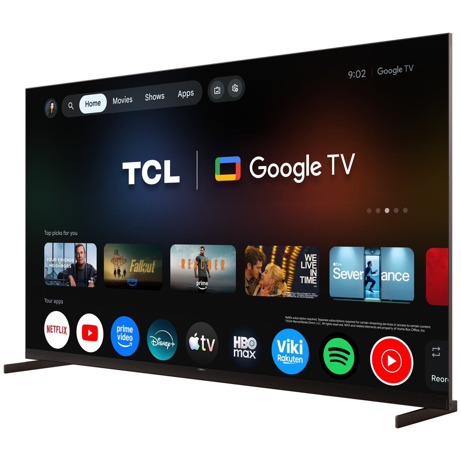 A TCL Google TV displaying apps and top picks on its interface.