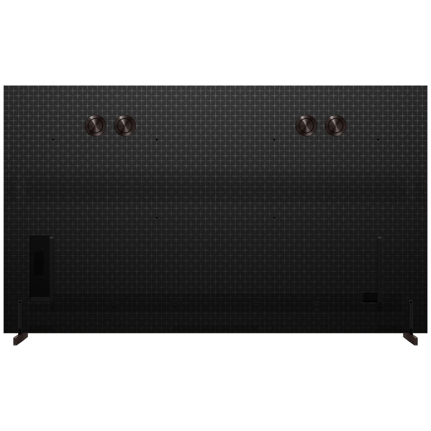 Back of a black TV with a grid pattern and two round control knobs.