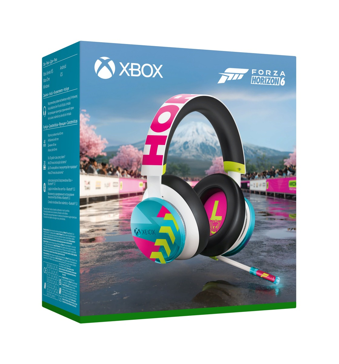 Auriculares Xbox Forza Horizon 6 en embalaje, con fondo de montaña y flor de cerezo.