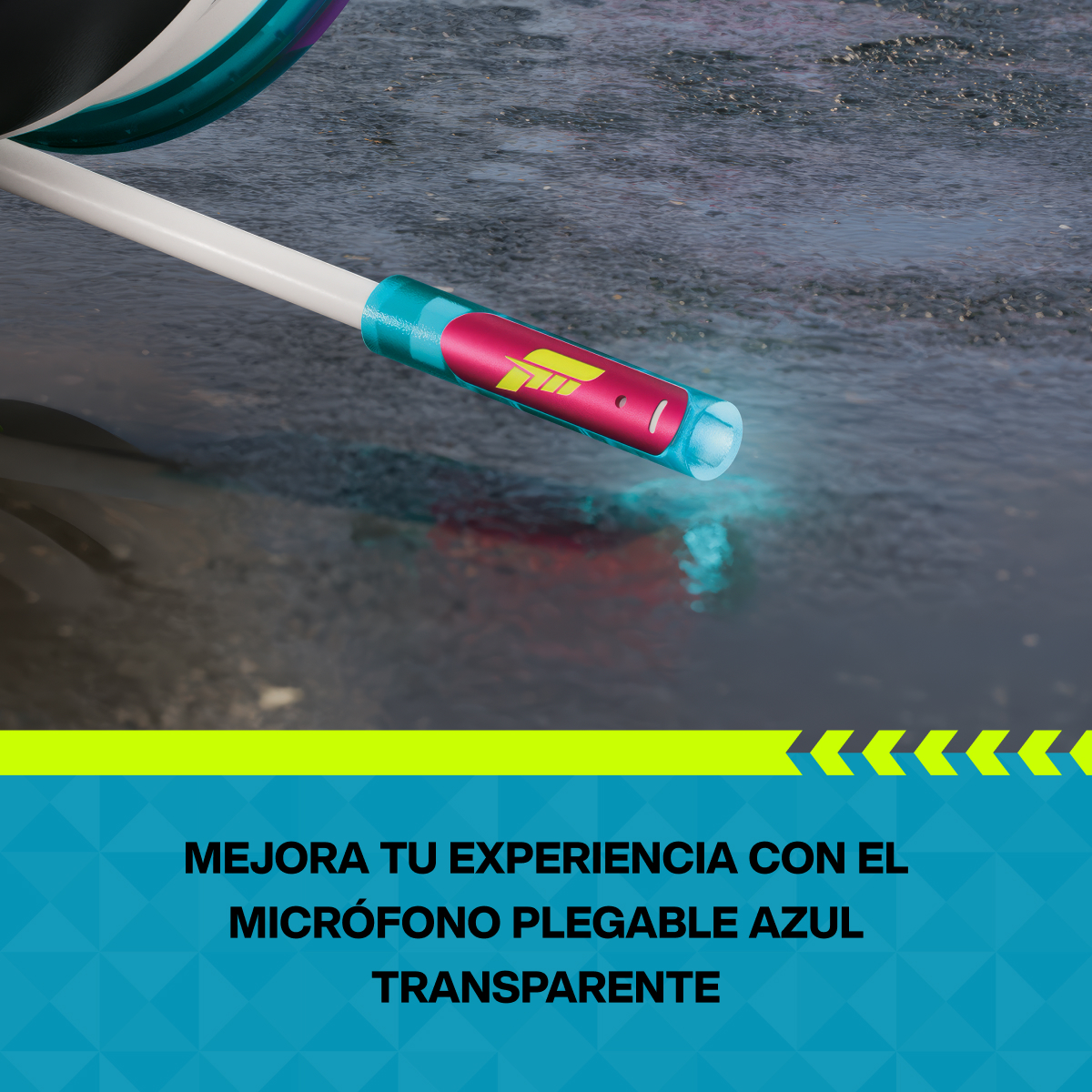 Un palo blanco con mango azul transparente y logo rojo en agua.