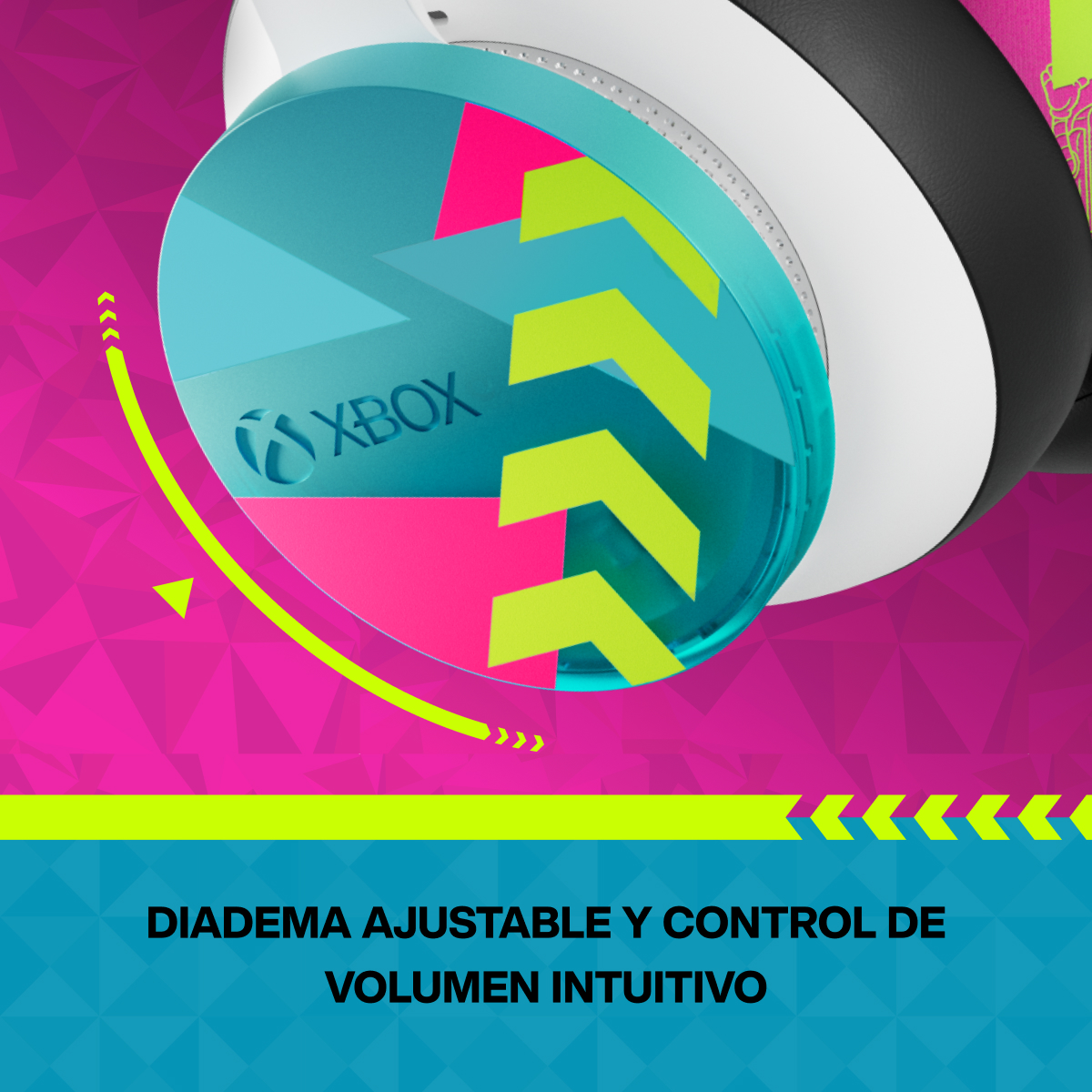 Auriculares Xbox con diseño azul, rosa y verde. Ajustable.