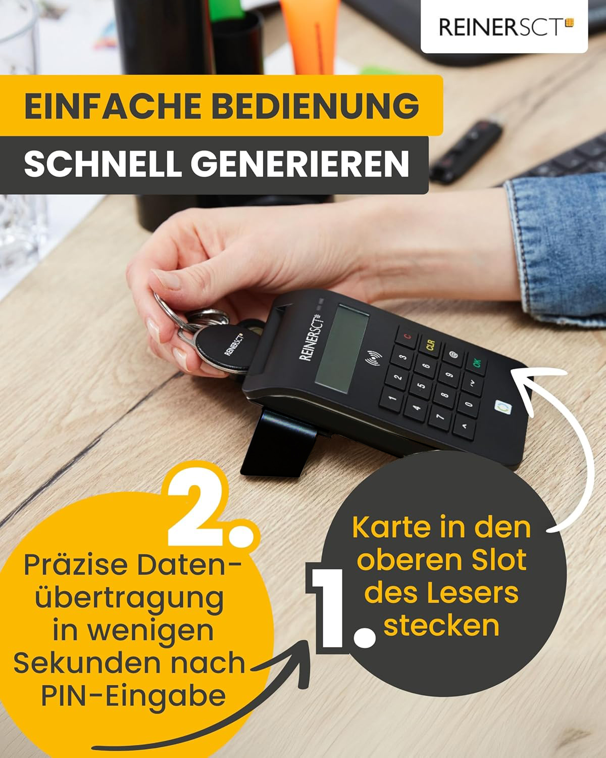 Person steckt Karte in Kartenleser. Einfache Bedienung, schnelle Generierung.