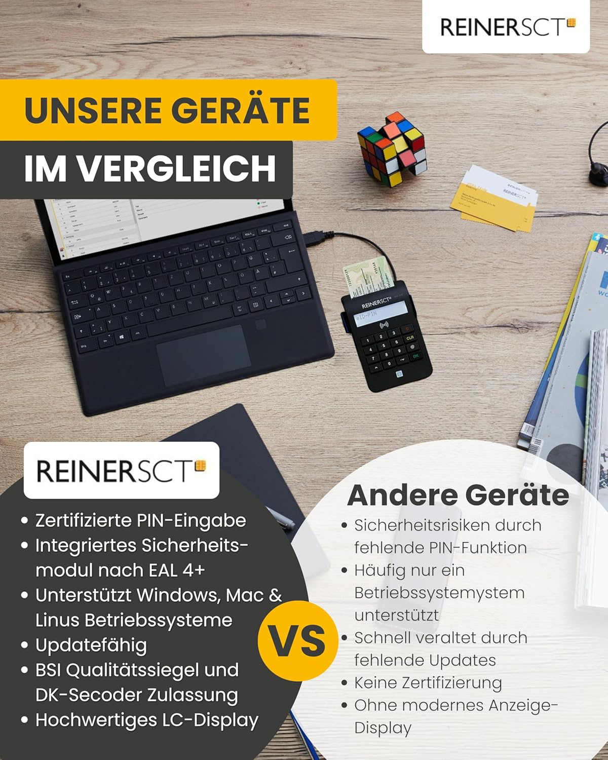 Vergleich von REINER SCT Geräten mit anderen Geräten, mit Fokus auf Sicherheit und Features.