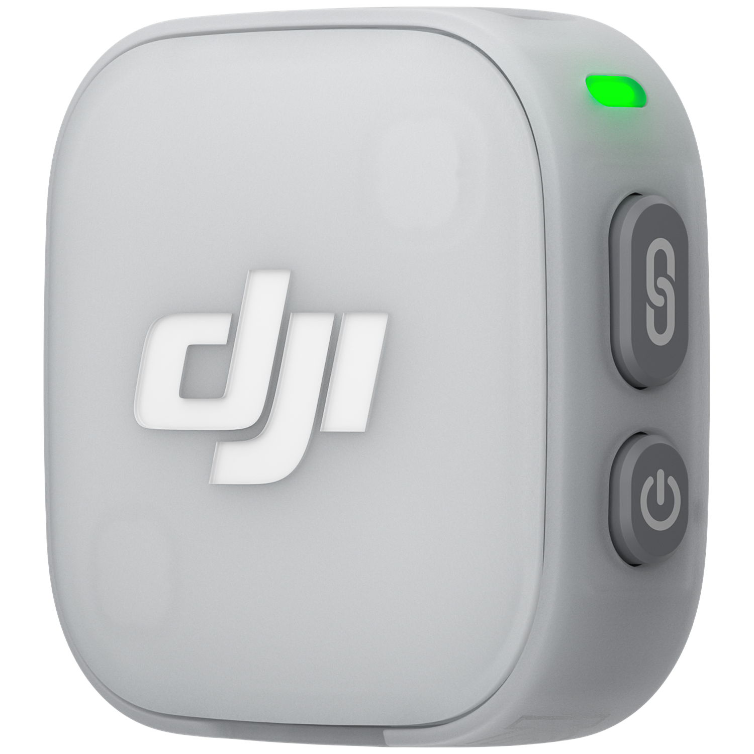 Grijs DJI-apparaat met groene LED en twee knoppen (verbinden, aan/uit).