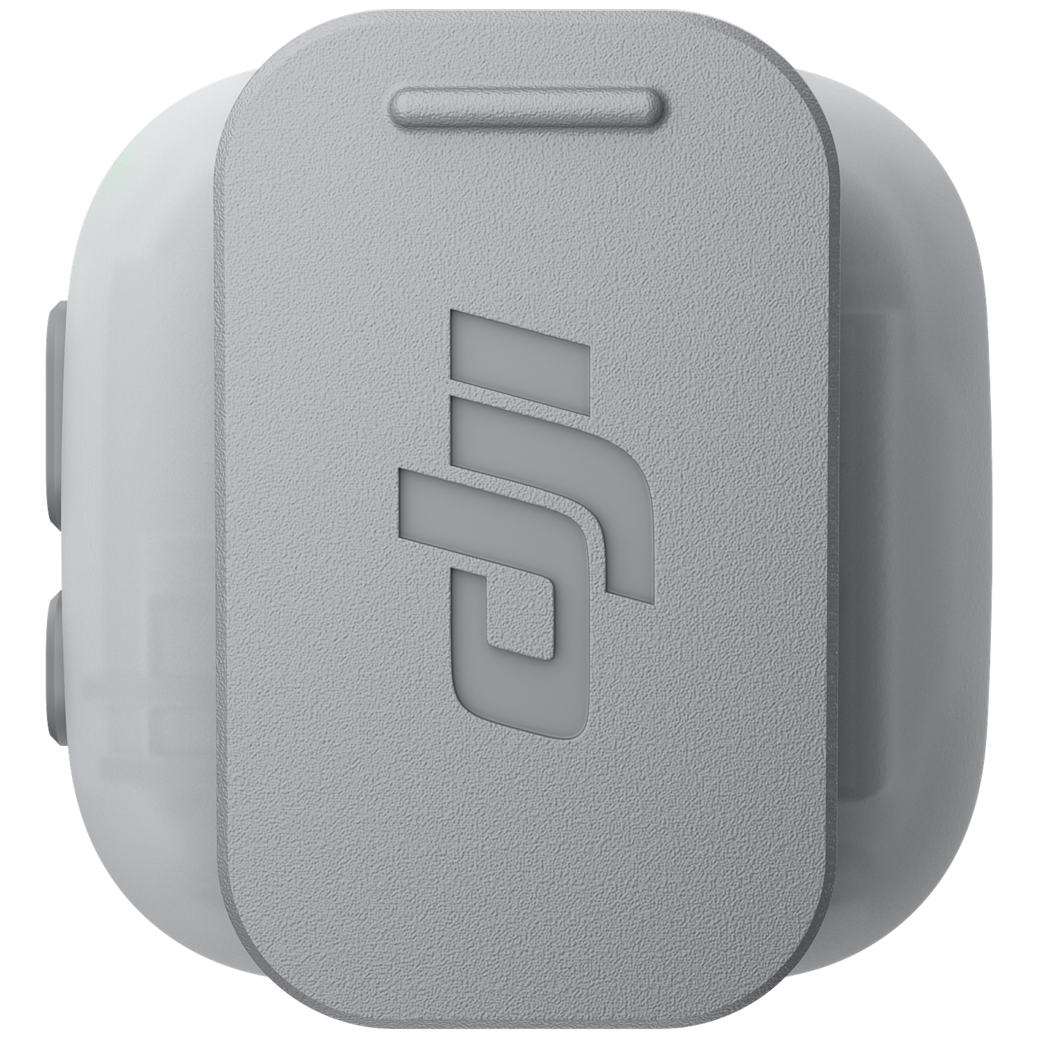 Grijs getextureerd object met DJI-logo. Zwarte achtergrond.