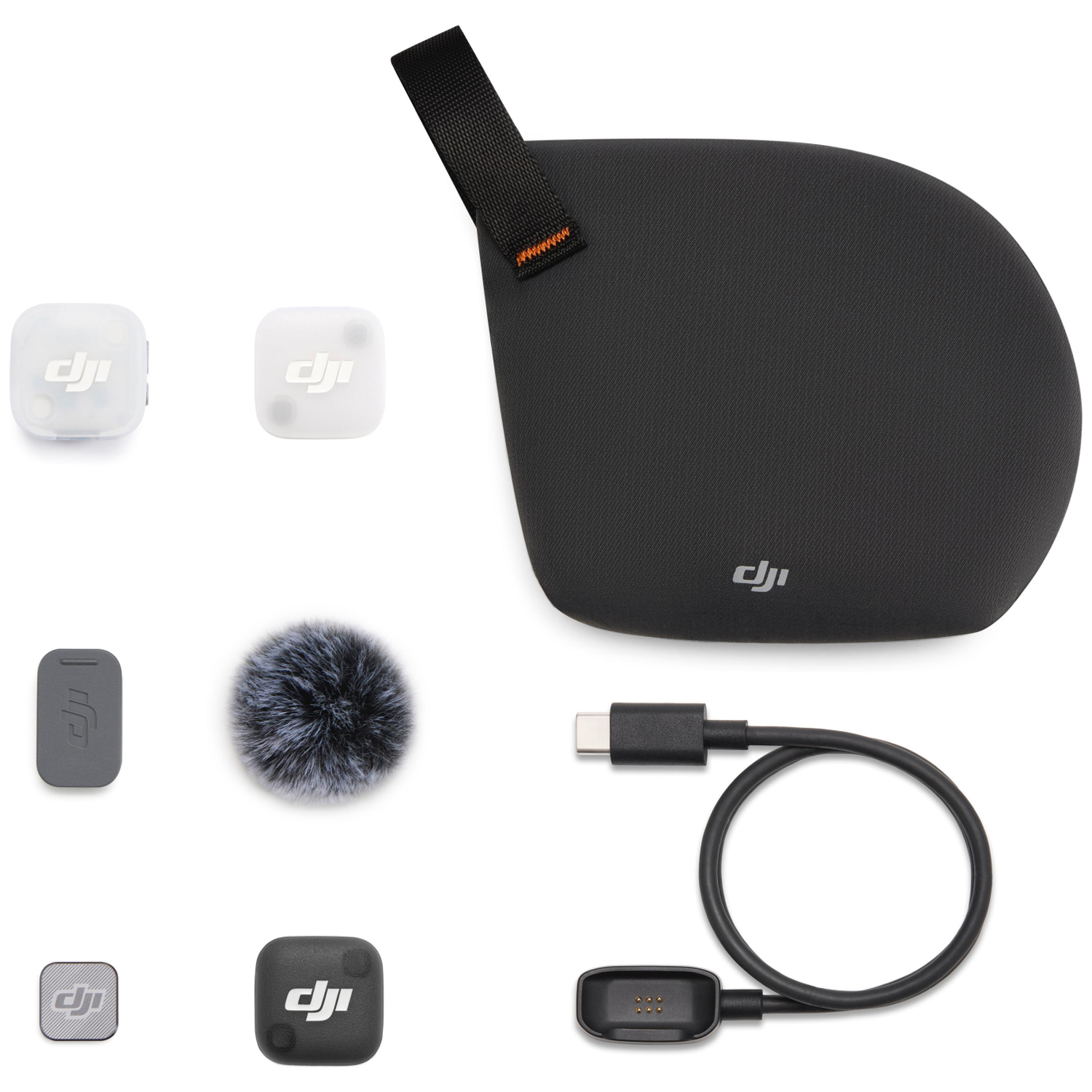 DJI microfoonaccessoires: zenders, windscherm, oplaadkabel en hoes.