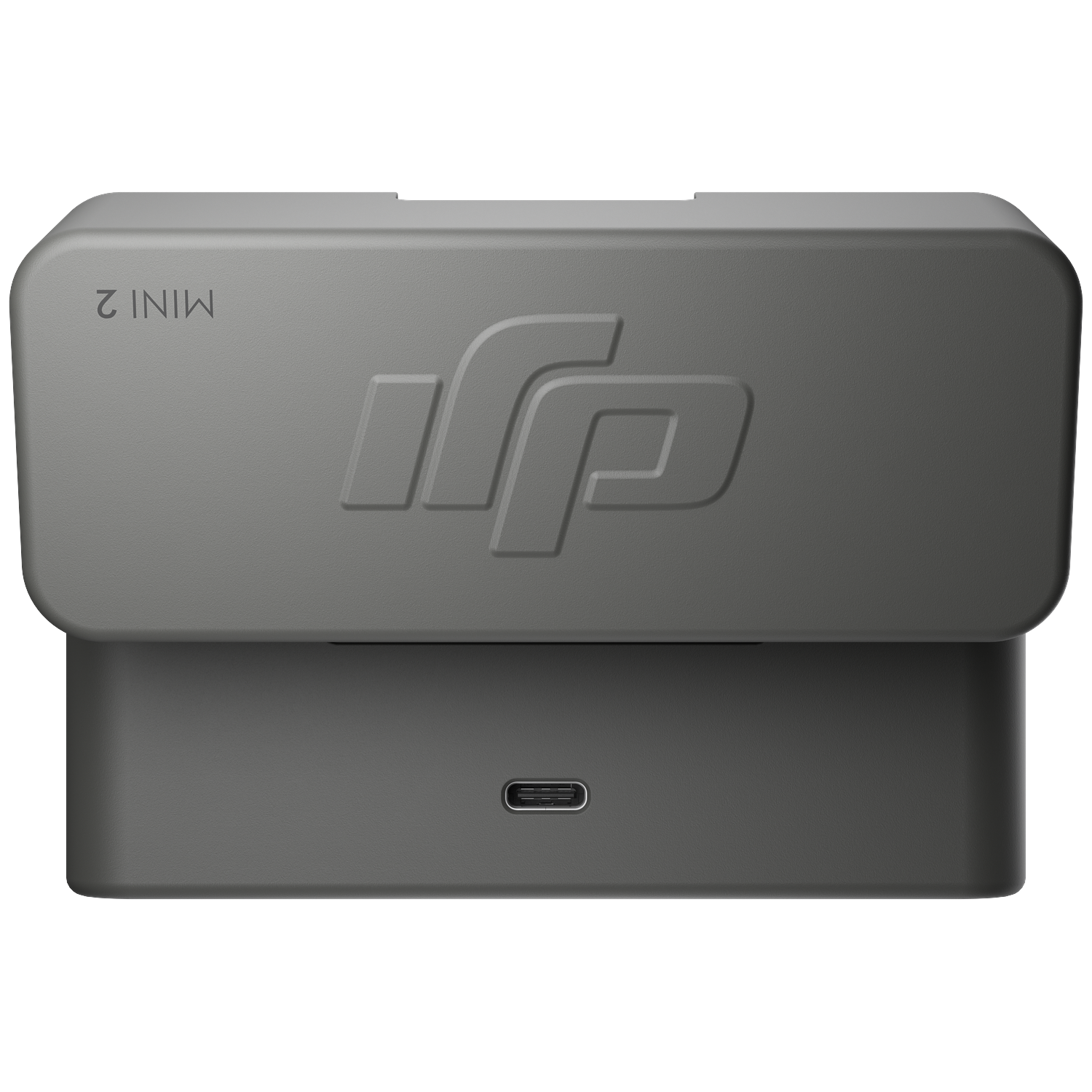Gray charging case with DJI logo and Mini 2 text.