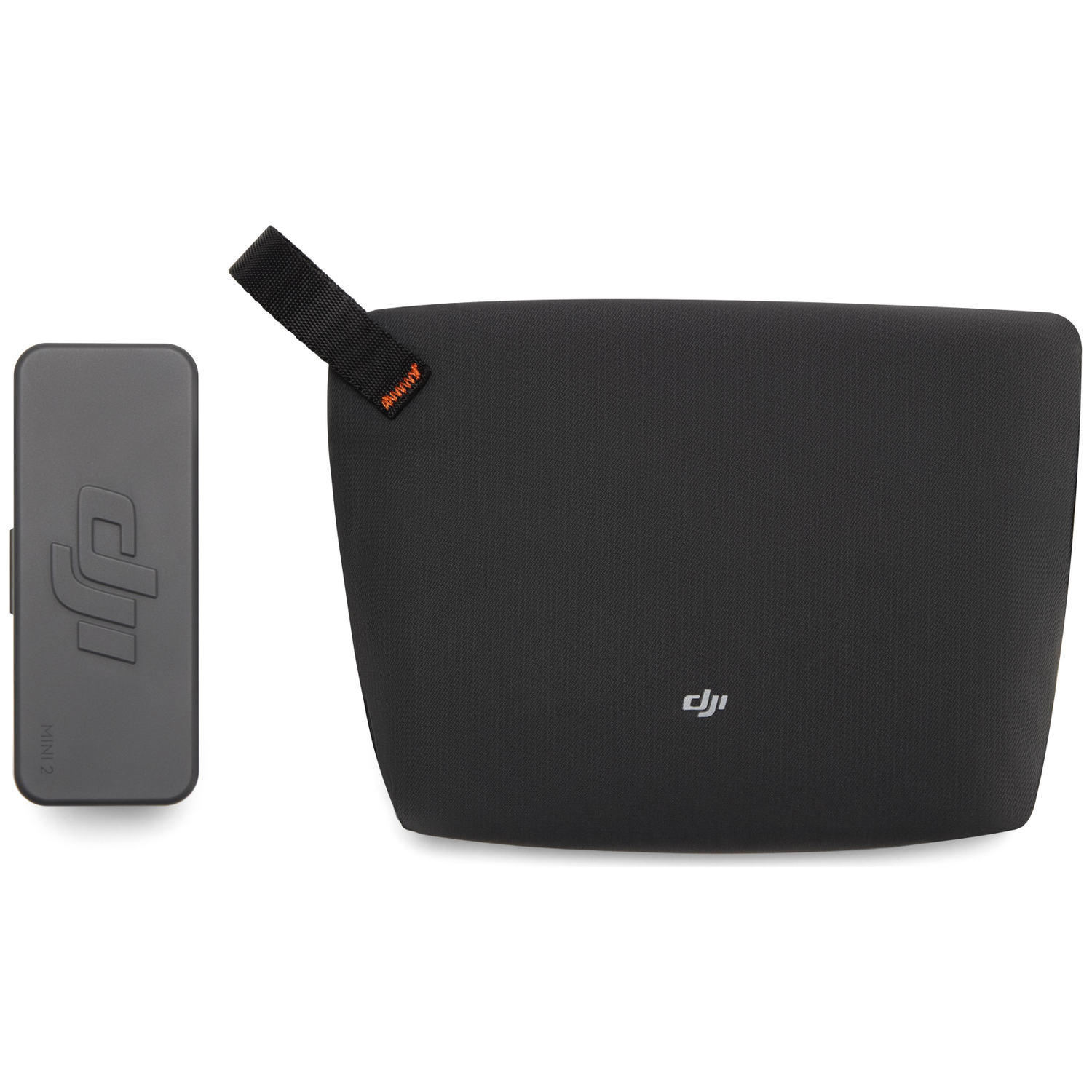 Gray DJI Mini 2 case next to a black bag with a red tab.