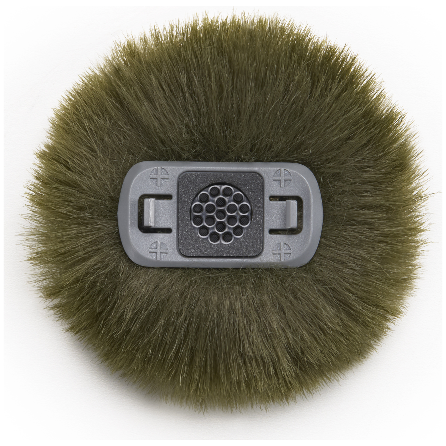 Een groene harige windkap met een grijze connector in het midden.