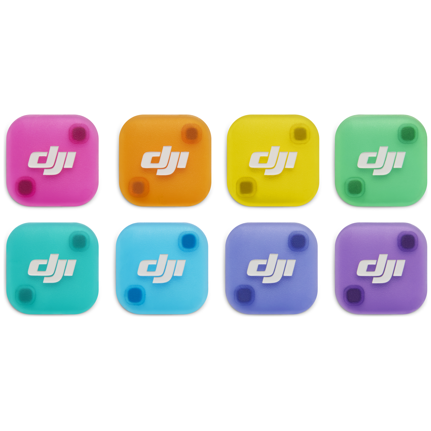 Acht kleurrijke vierkanten met DJI-logo naast elkaar.