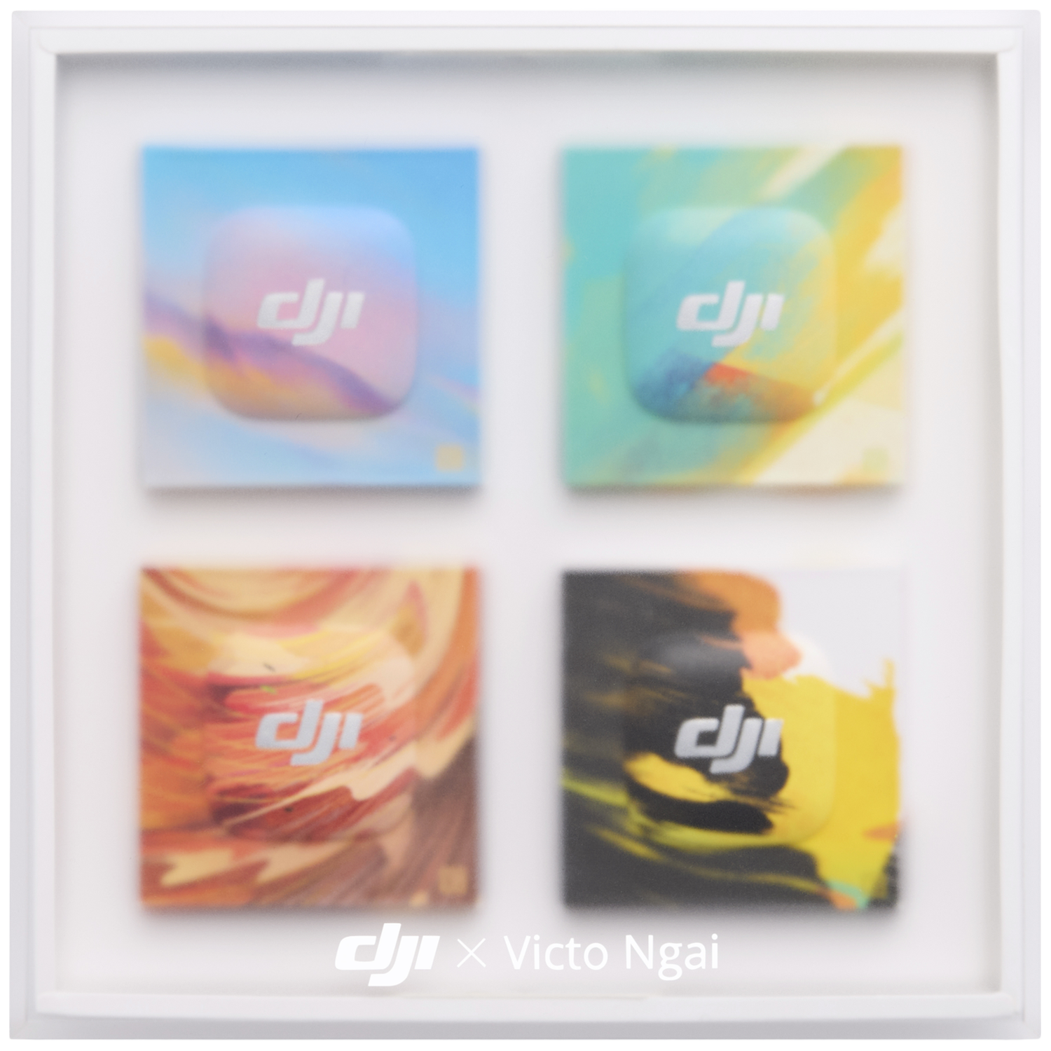 Vier vierkante afbeeldingen met DJI-logo en abstracte patronen.