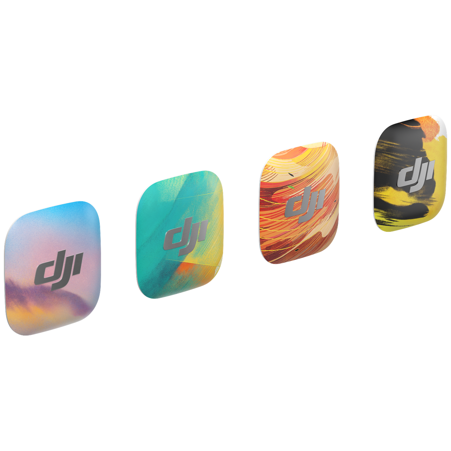 Vier DJI-lensfilters met kleurrijke, abstracte patronen en het DJI-logo.