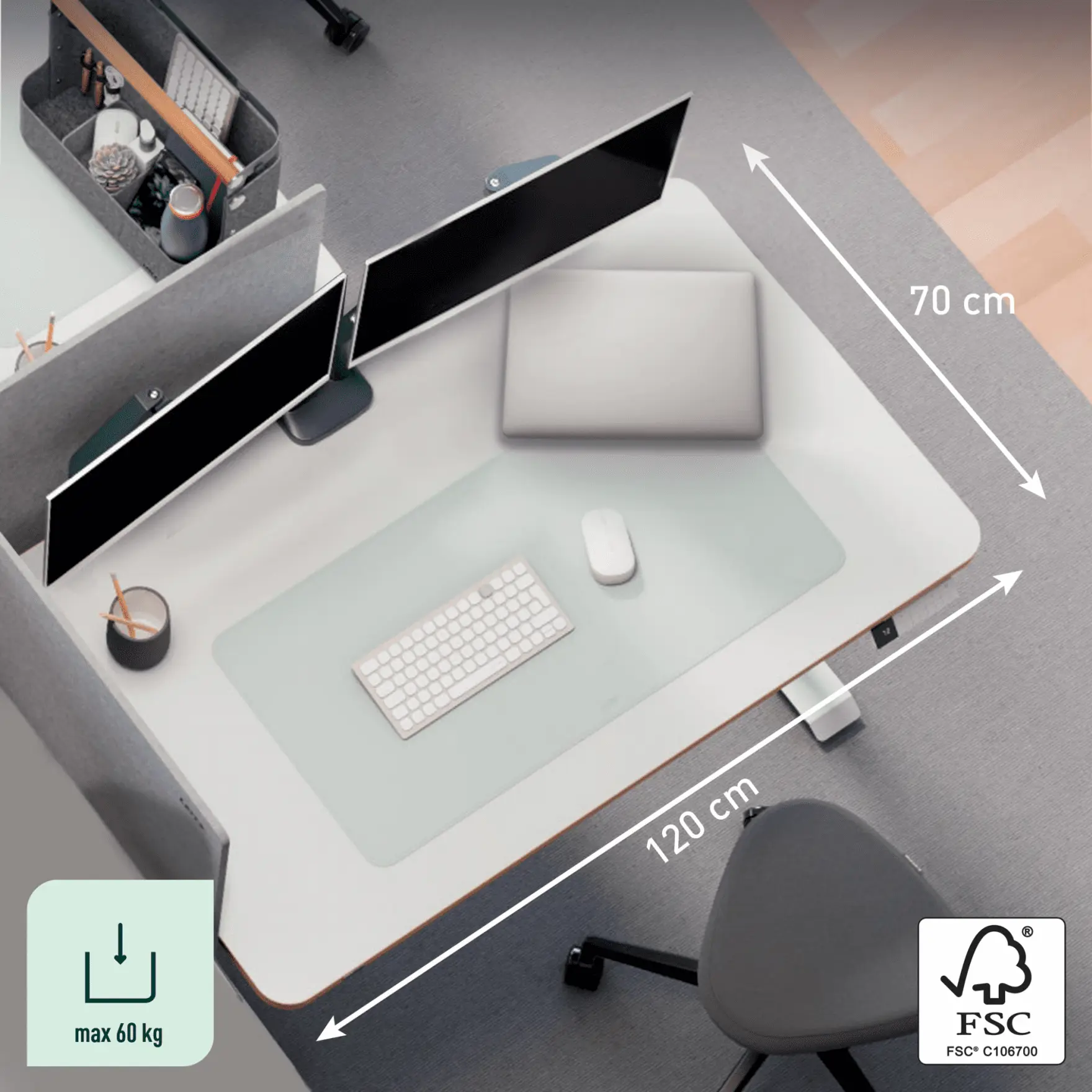 Modern íróasztal két monitorral, laptop, billentyűzet, egér és asztali alátét. Méretek: 120x70cm. Max. terhelés 60kg.