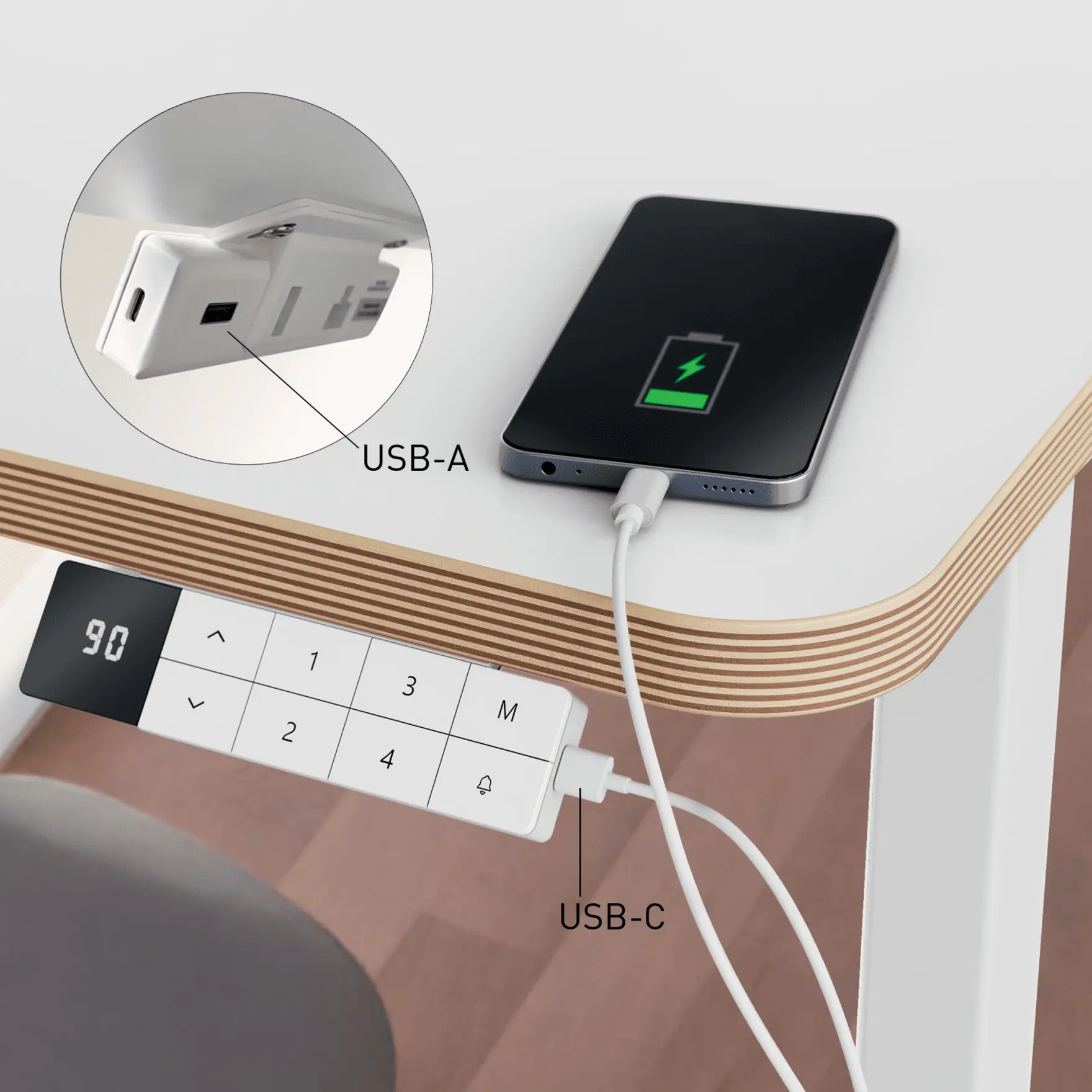 Egy USB-portos asztali vezérlőpanel tölti a telefont. Közelkép.