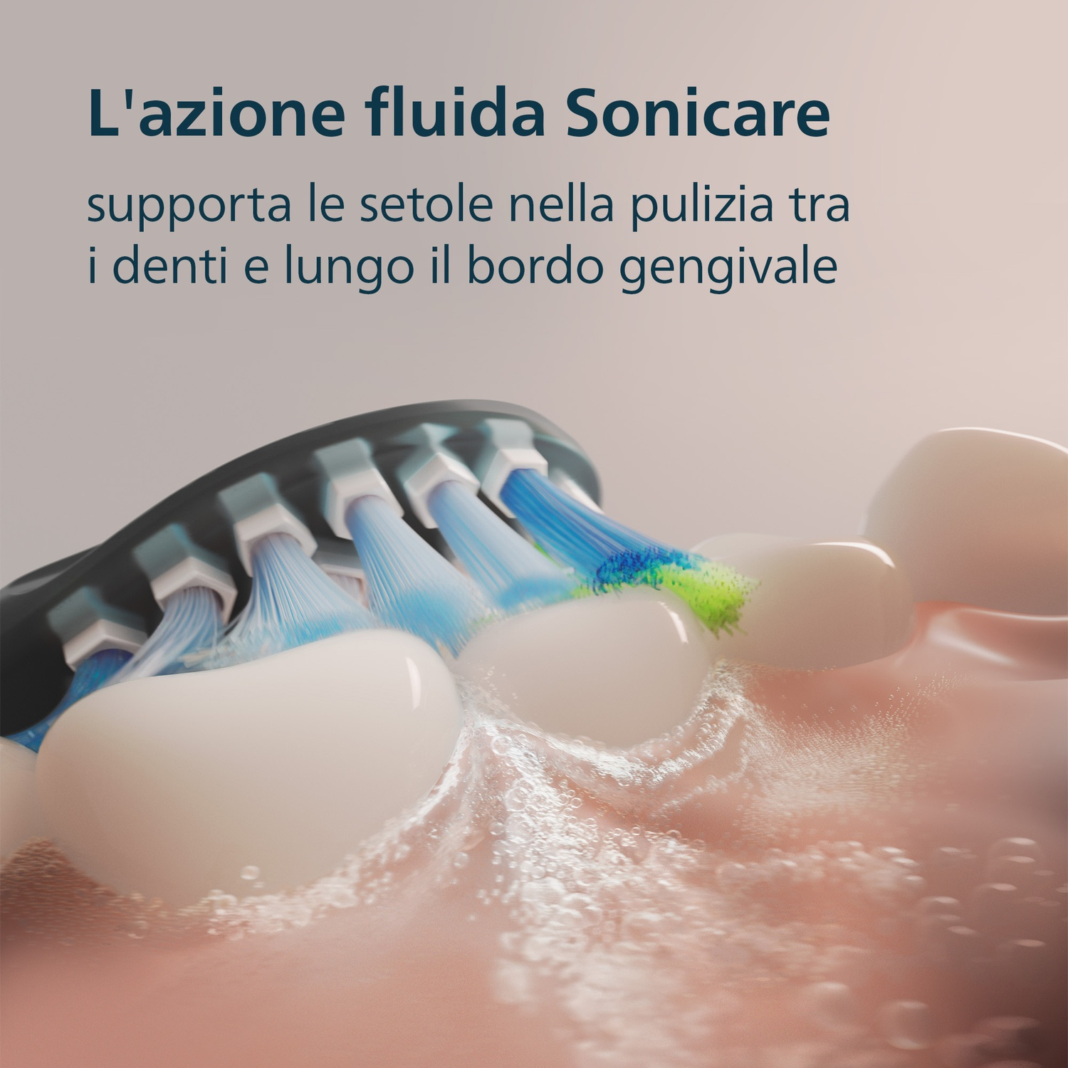 Testina elettrica pulisce denti e bordo gengivale con setole blu e verdi.
