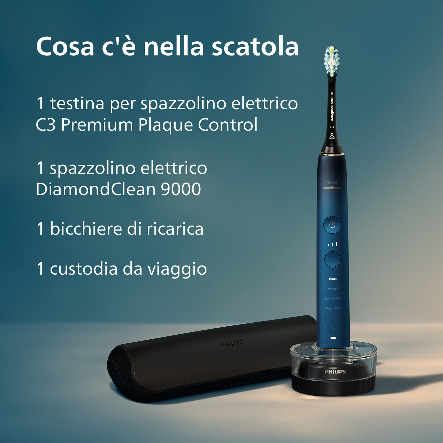 Spazzolino elettrico blu Philips Sonicare in base di ricarica con custodia.