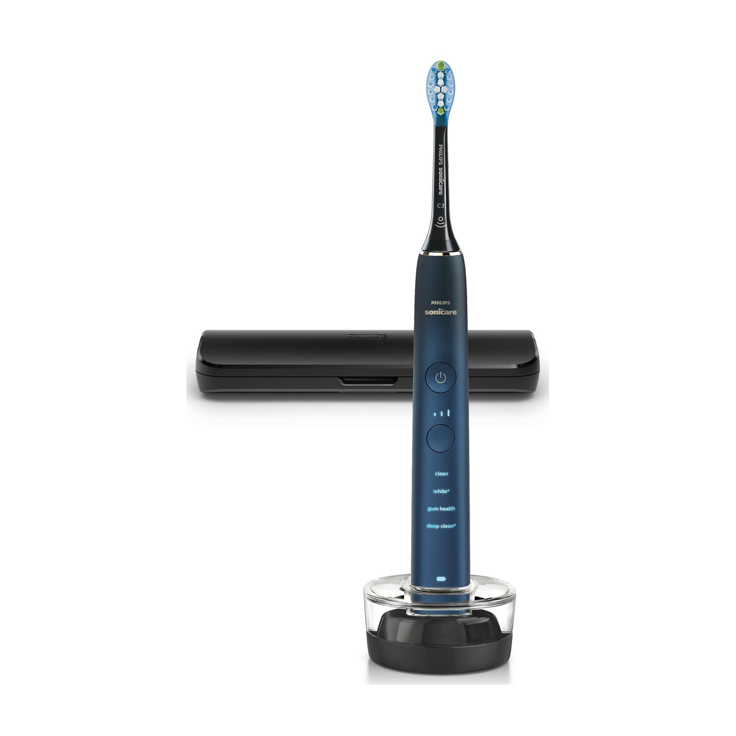 Uno spazzolino elettrico Philips Sonicare blu con base di ricarica e custodia.