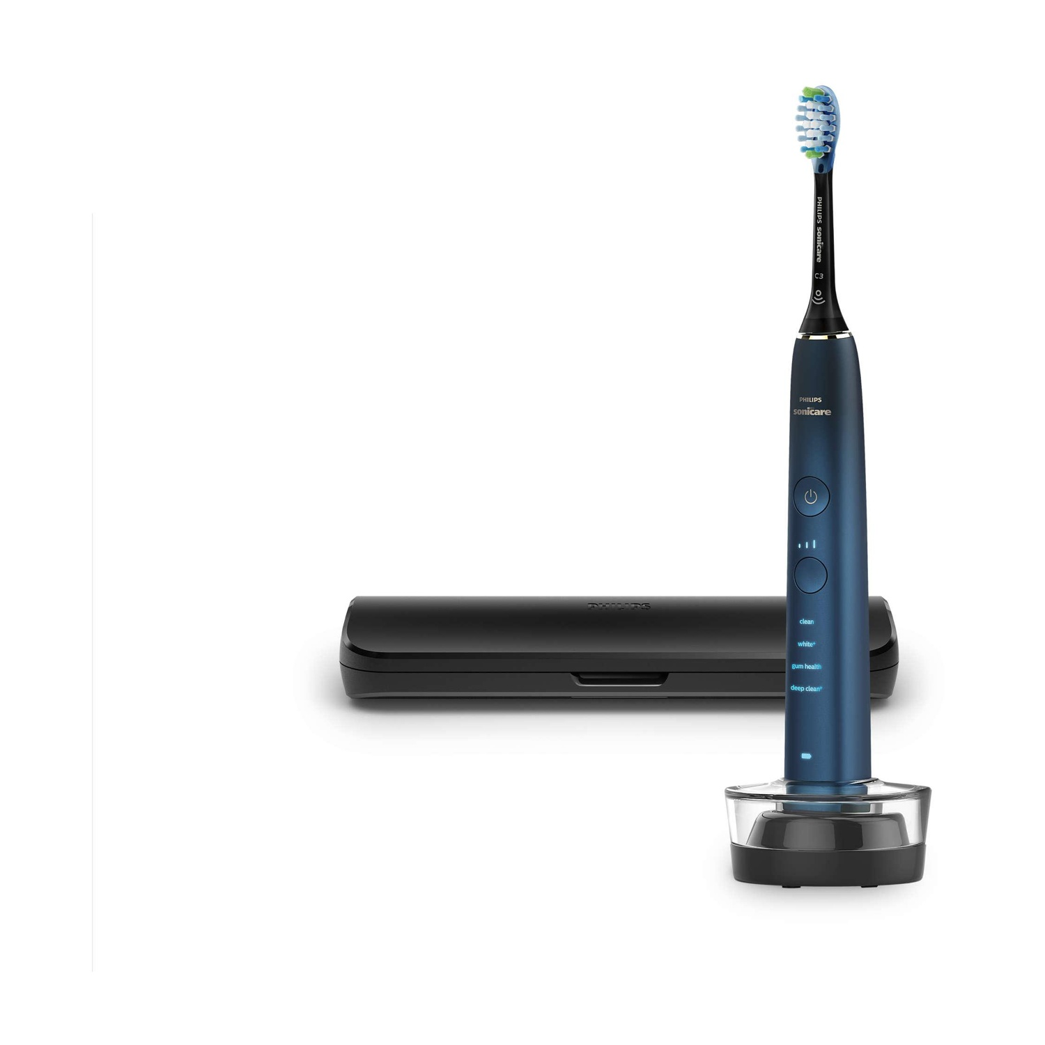 Spazzolino elettrico blu con base di ricarica e custodia.