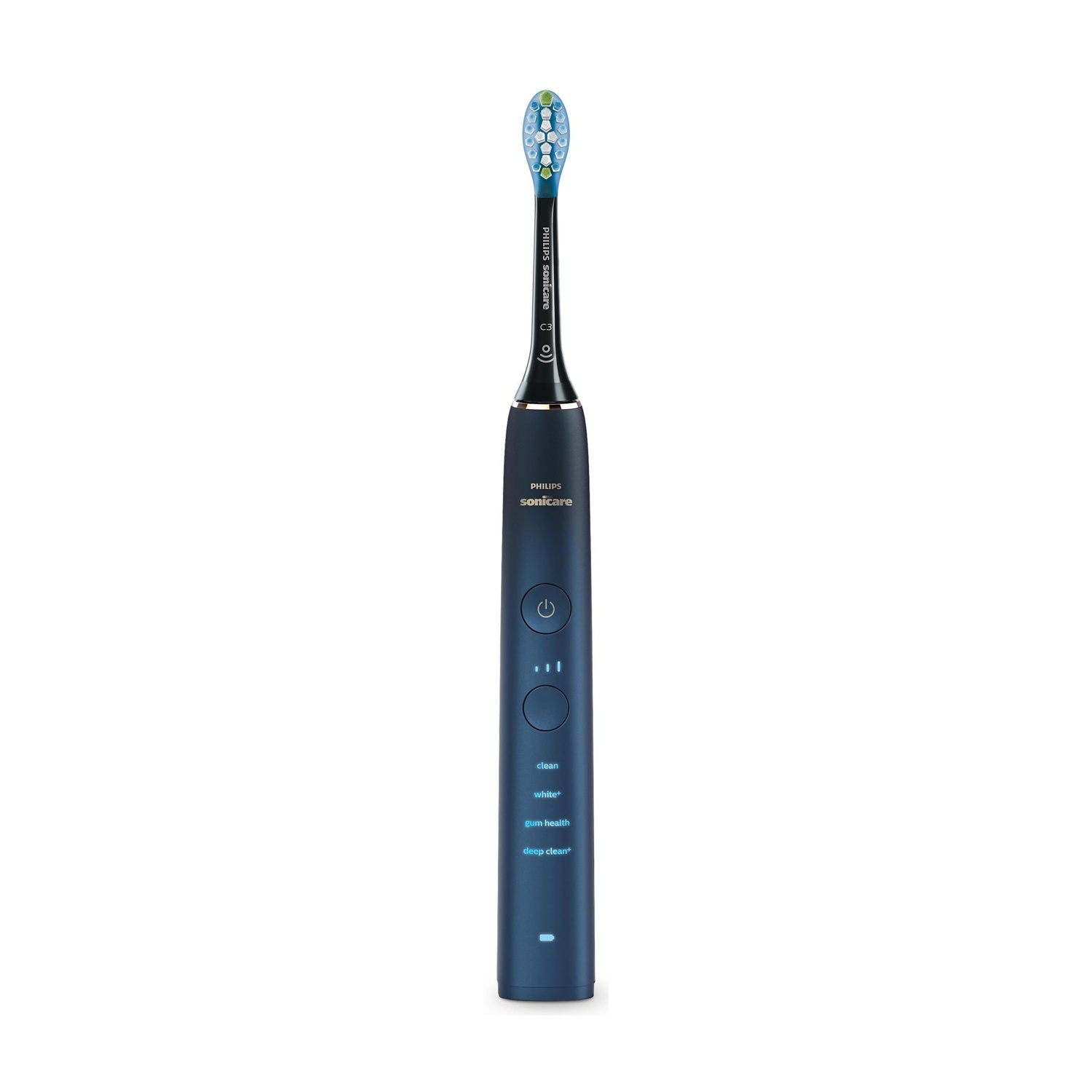 Uno spazzolino elettrico Philips Sonicare blu scuro con testina bianca e blu.