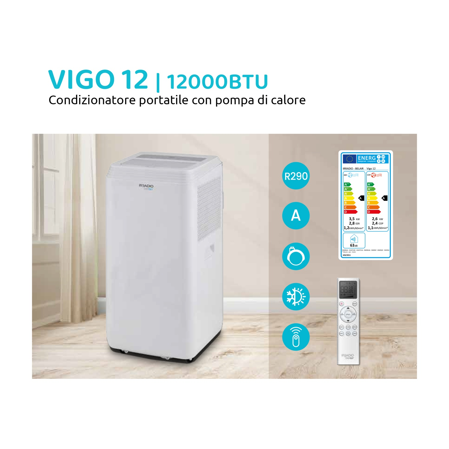 Mostrato un condizionatore d'aria portatile bianco con telecomando ed etichetta energetica.