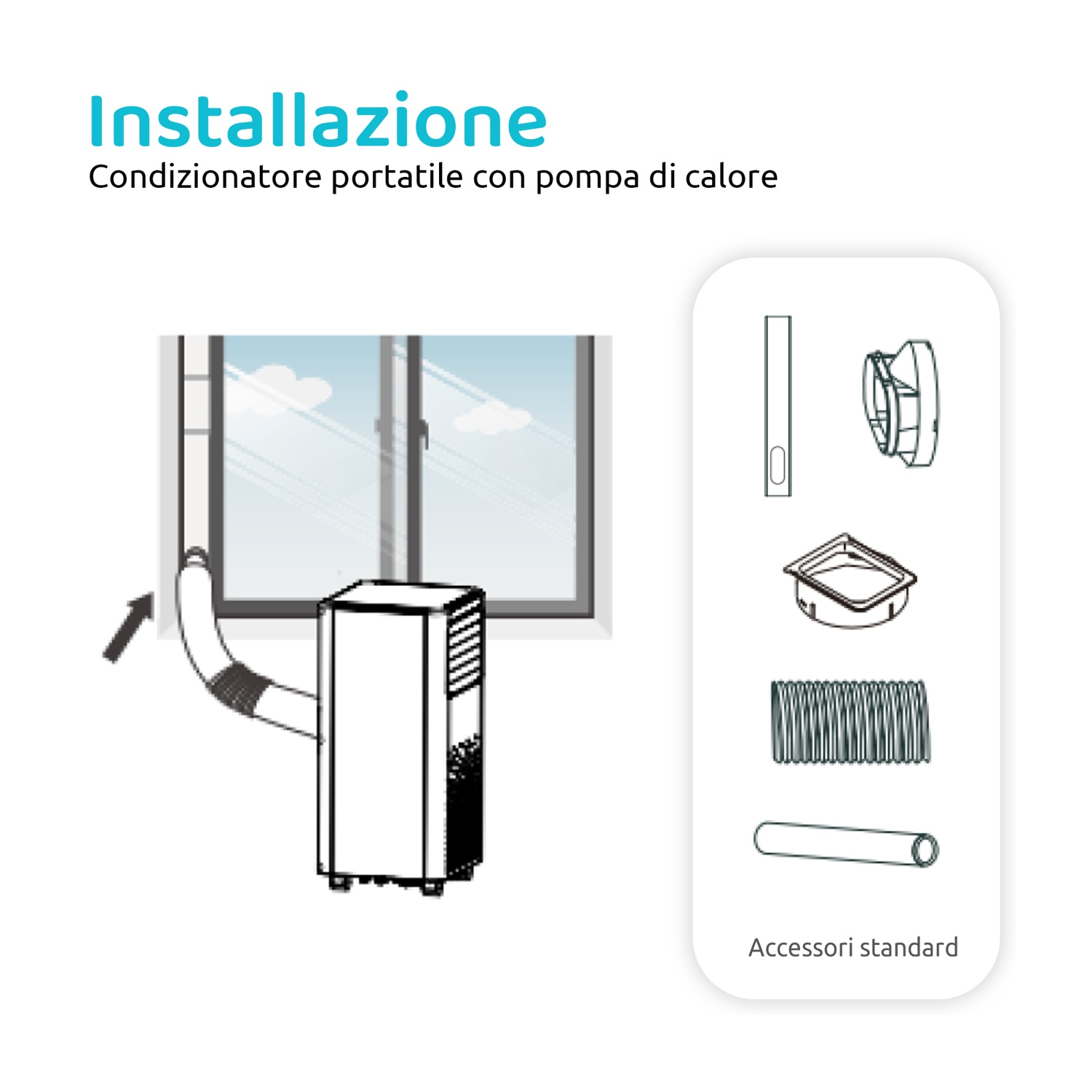 Un condizionatore portatile con tubo di scarico installato attraverso una finestra.