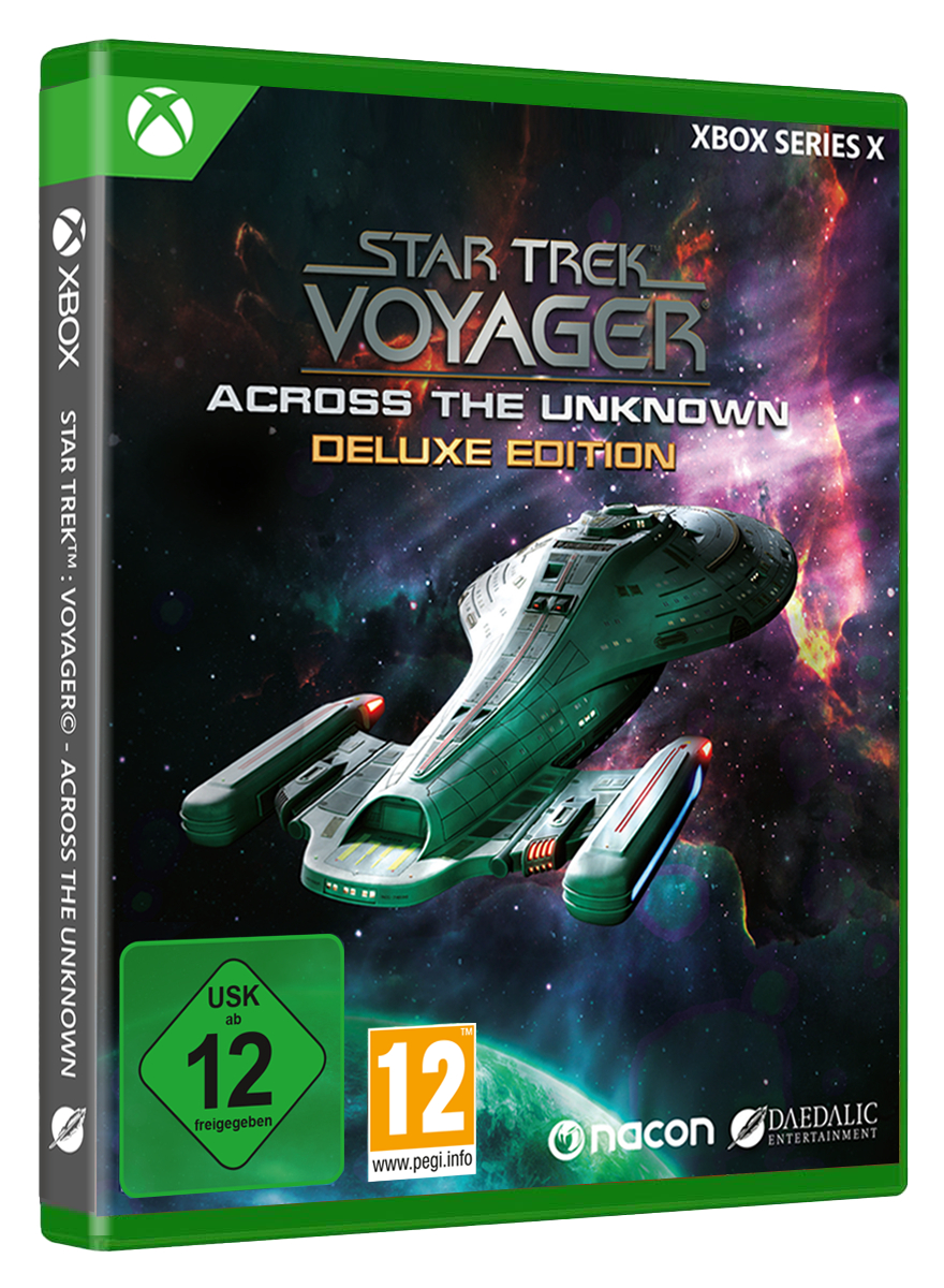 Star Trek: Voyager Spielhülle mit einem Raumschiff vor Sternennebel.