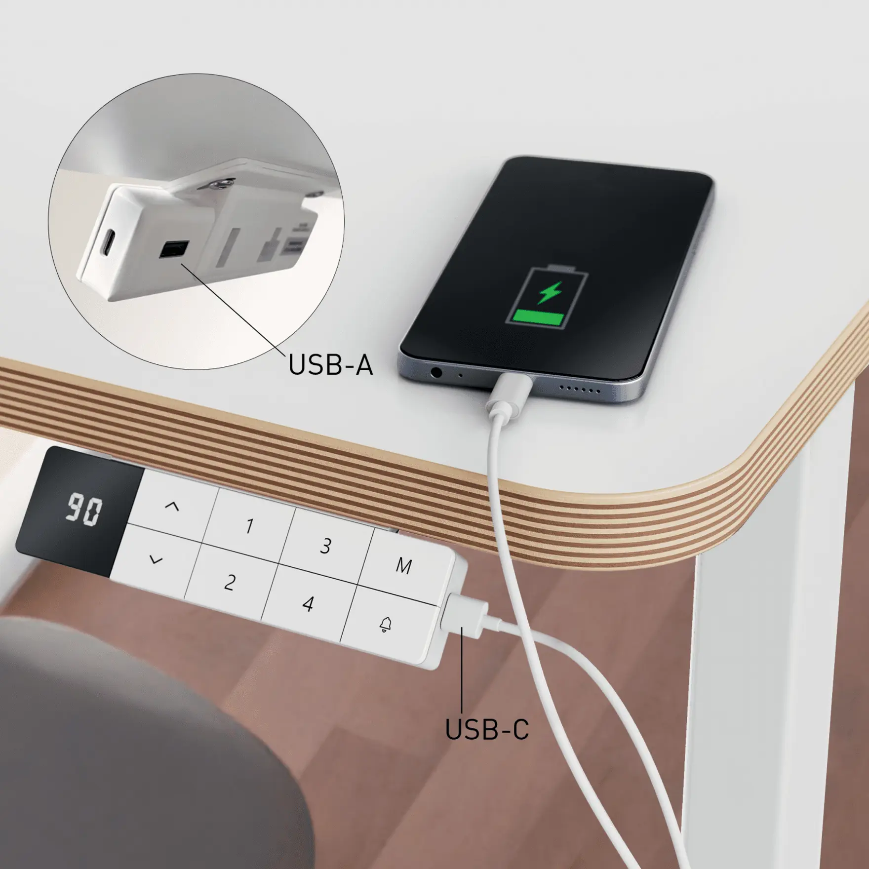Egy okostelefont USB-A és USB-C portokon keresztül töltenek egy asztalon.