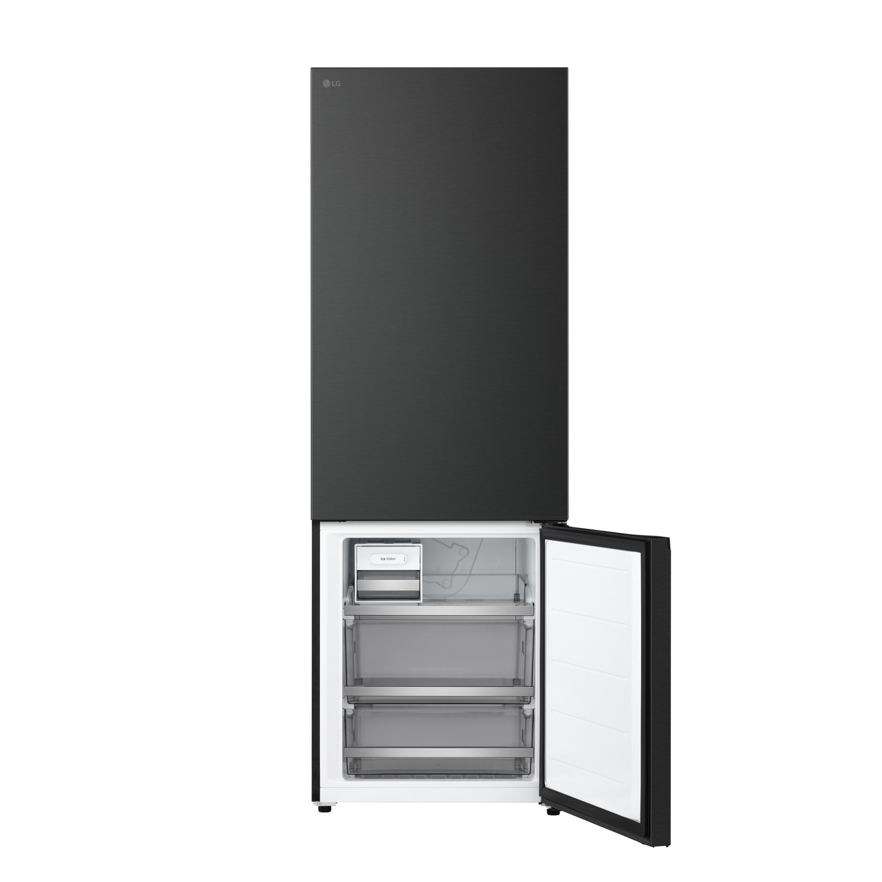 Schwarzer LG Kühlschrank mit Tür geöffnet, zeigt Eismaker und Schubladen.