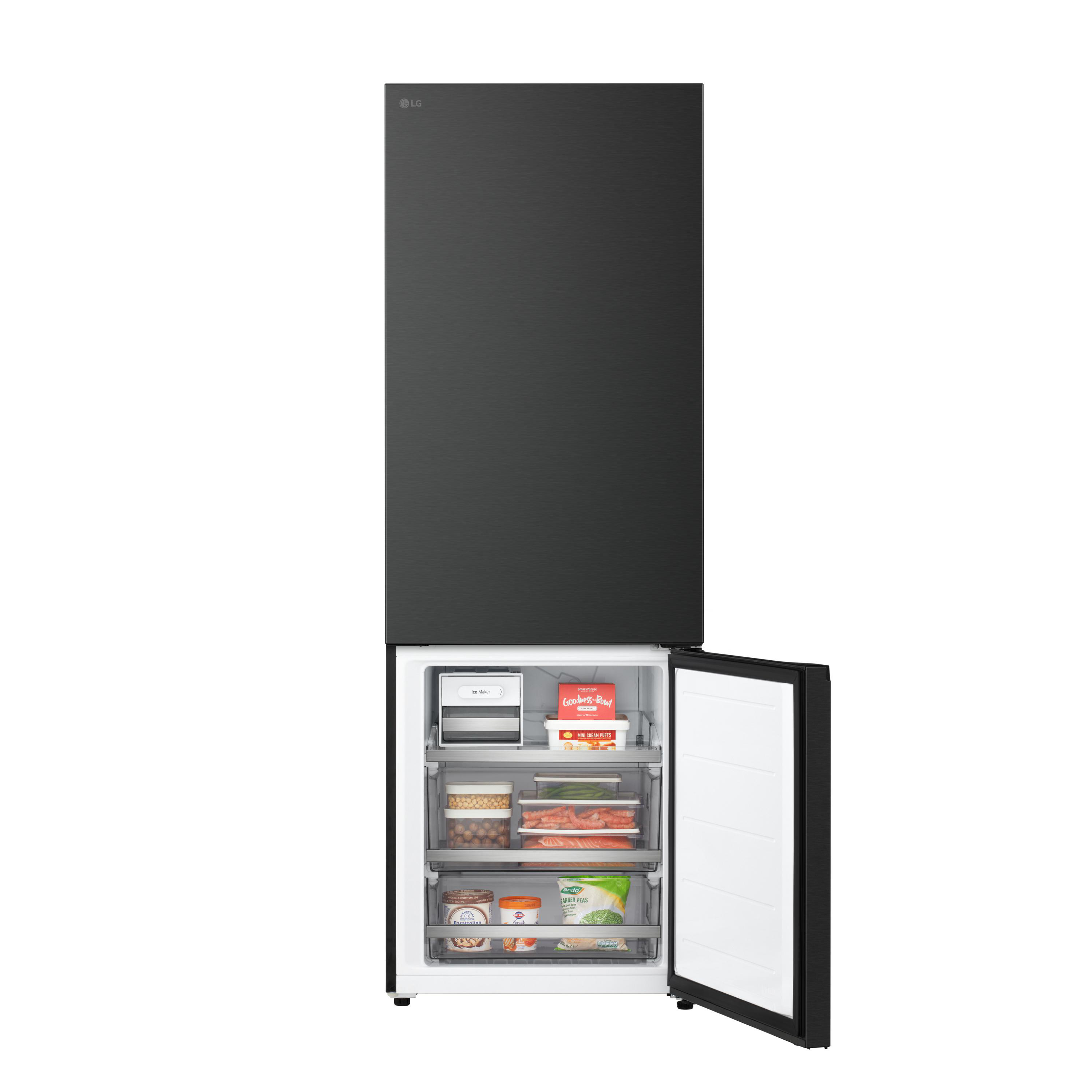 Ein schwarzer LG-Kühlschrank mit offener Tür, gefüllt mit Lebensmitteln und Eisbereiter.