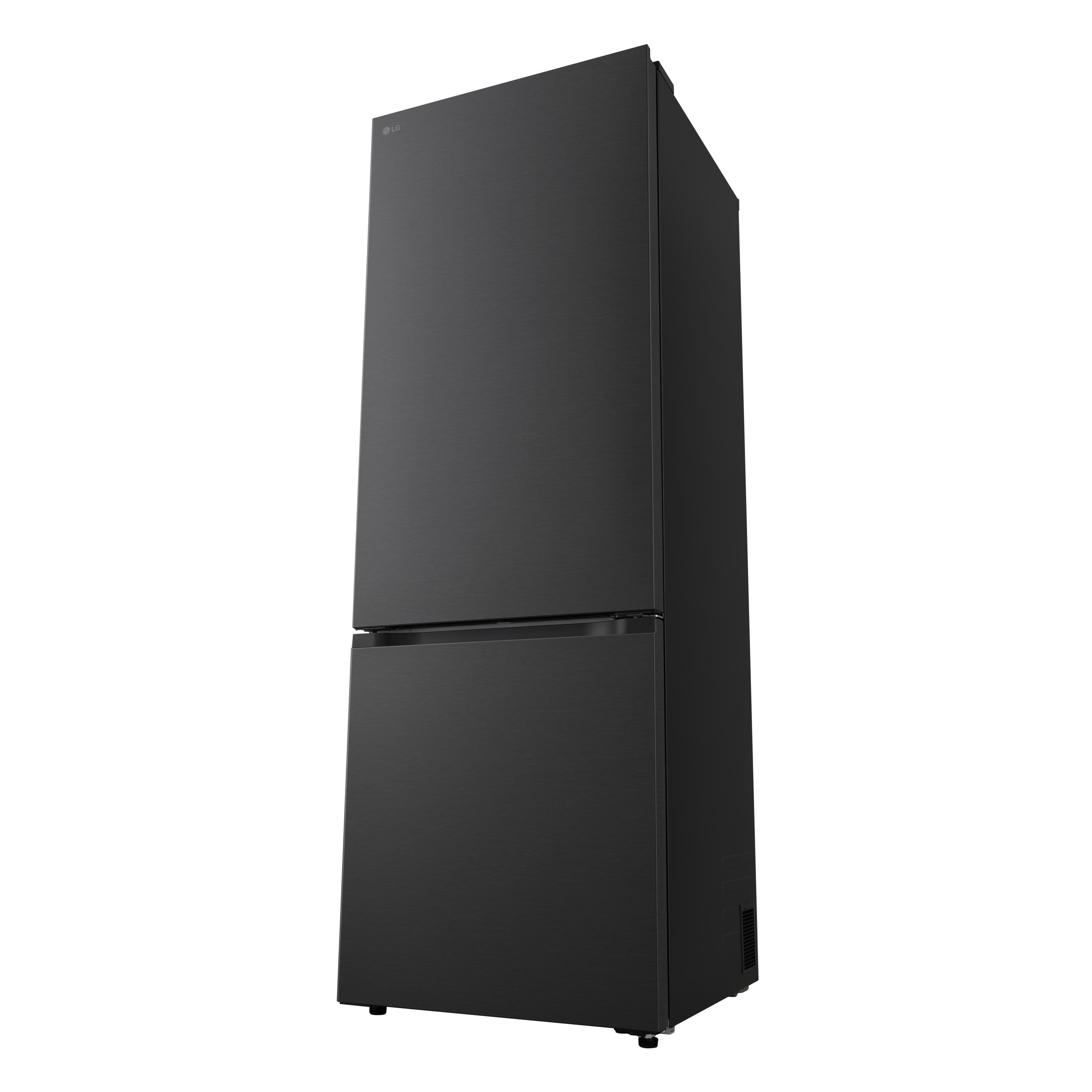 Ein schwarzer LG Kühlschrank mit zwei Türen, einer oben und einer unten.