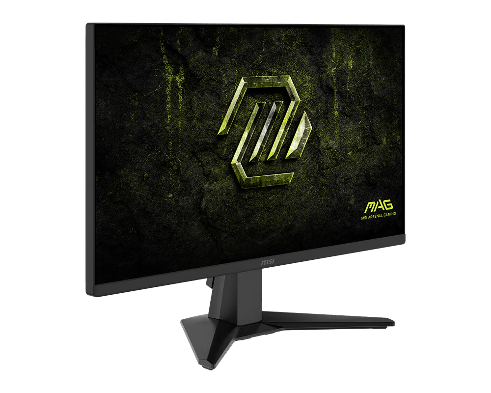 Egy fekete gamer monitor sárga logóval és MSI felirattal.