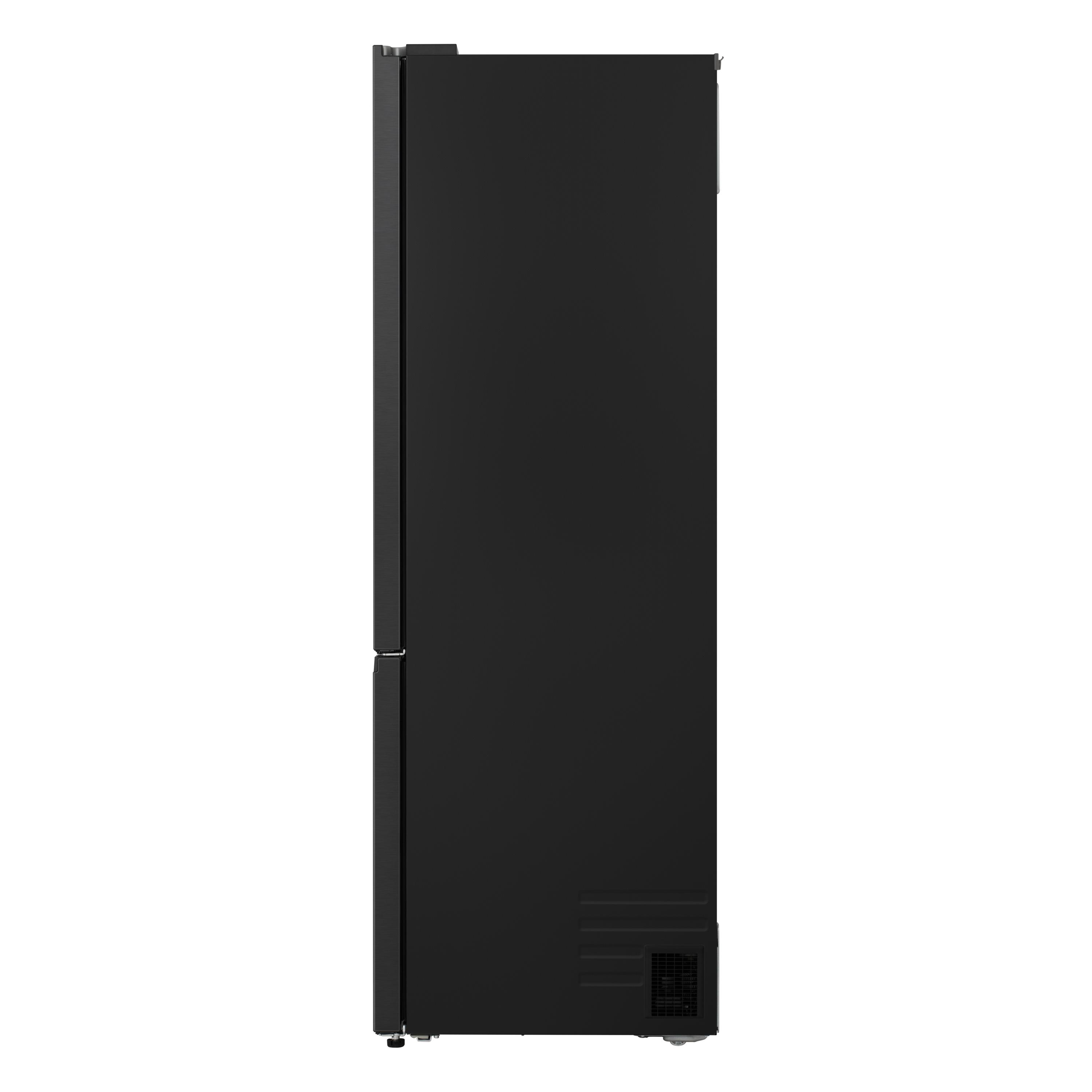 Schwarzer Kühlschrank von der Seite mit horizontalen Rillen unten.