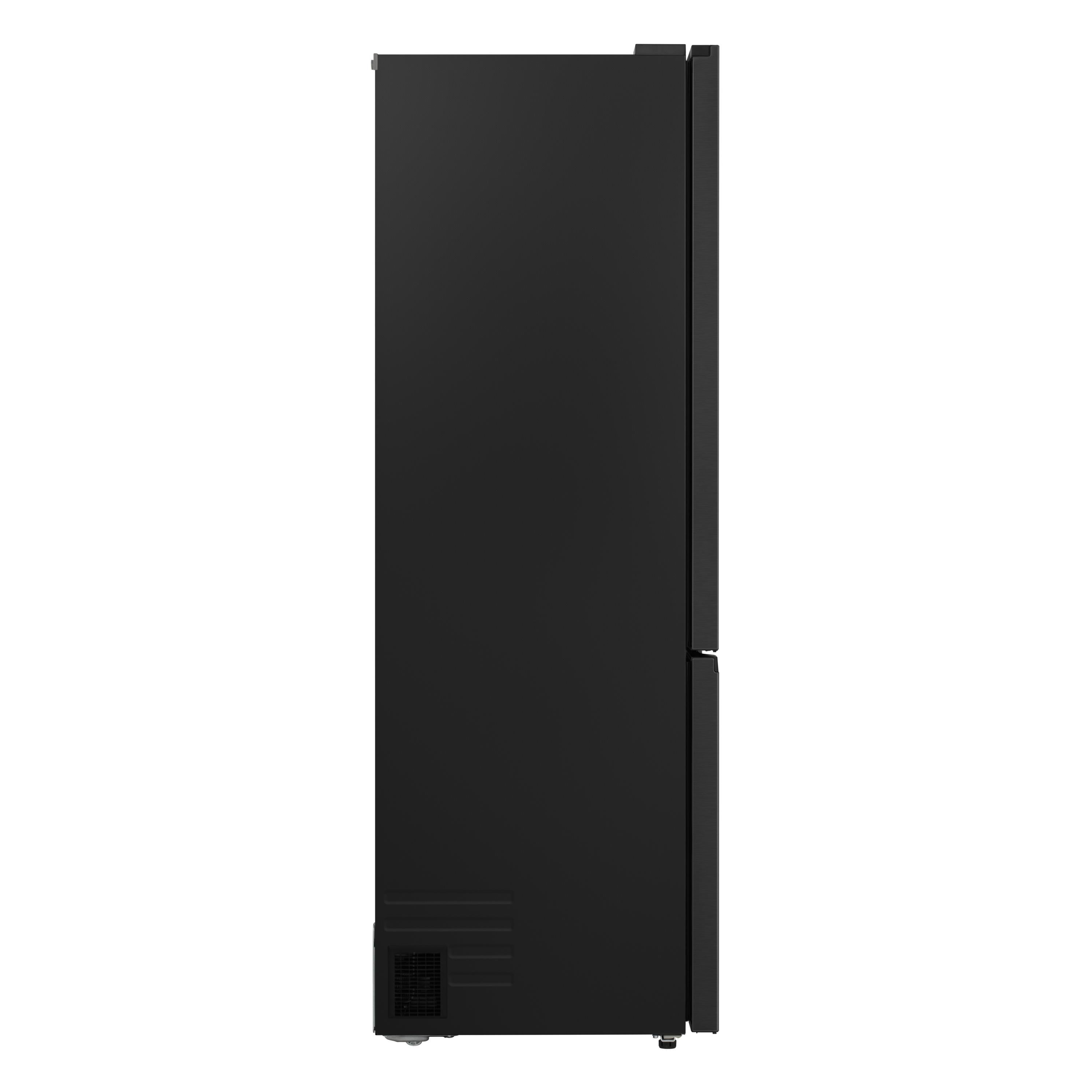 Schwarzer Kühlschrank von der Seite mit Lüftungsschlitzen unten.