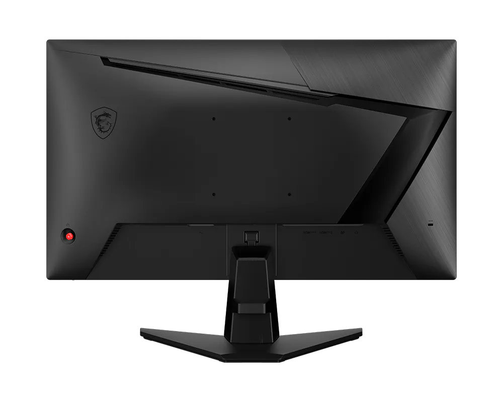 Fekete monitor hátulja MSI logóval és piros gombbal.