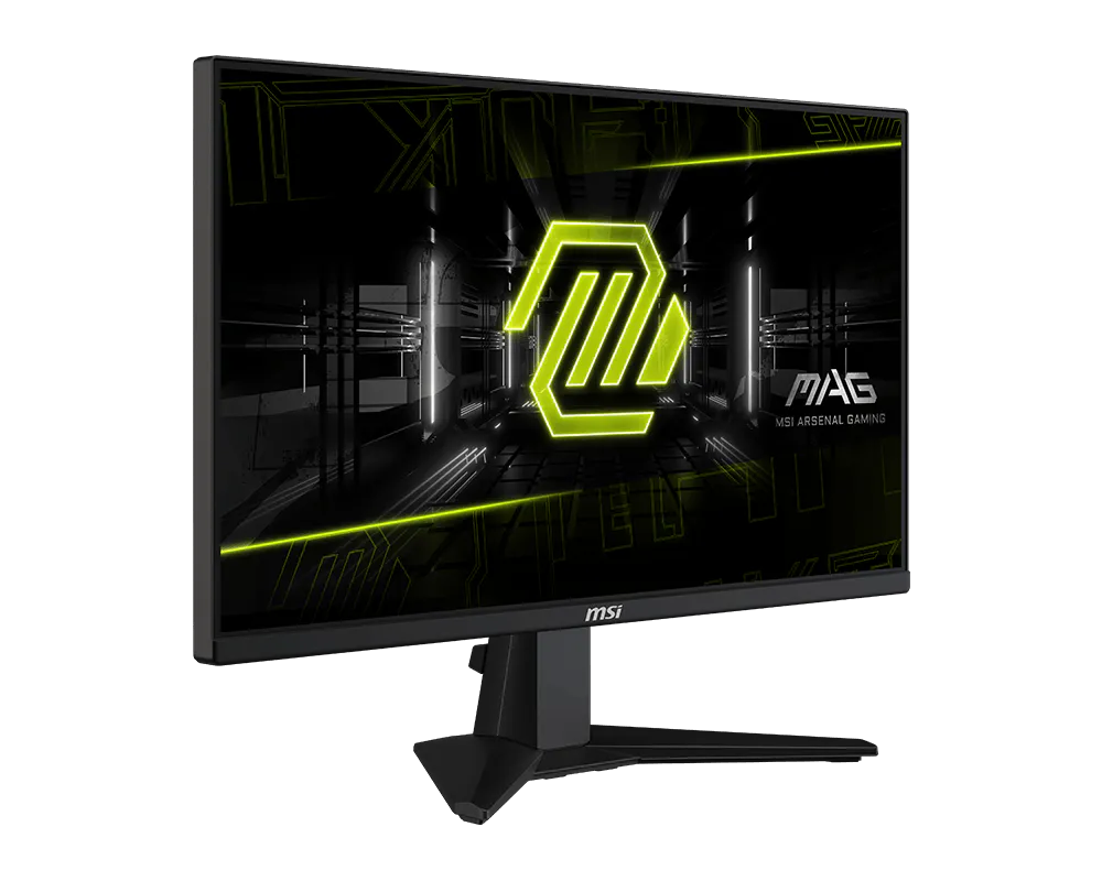 Egy MSI gamer monitor neon logót jelenít meg sötét, futurisztikus háttér előtt.