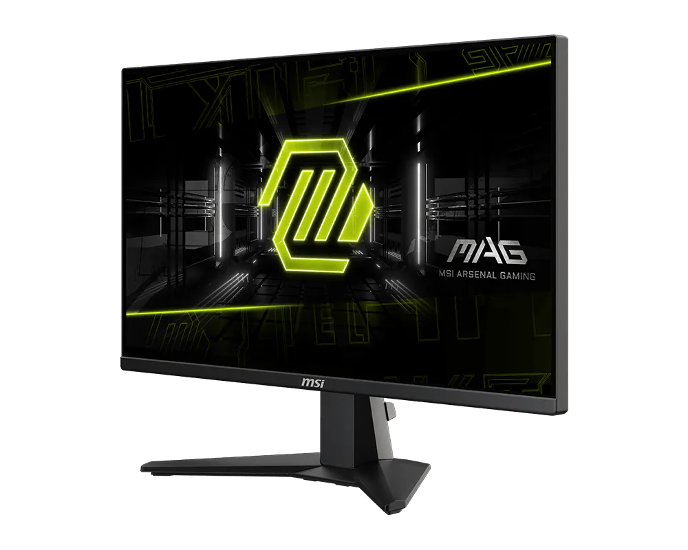 MSI gamer monitor zöld neon logóval, futurisztikus háttérrel.