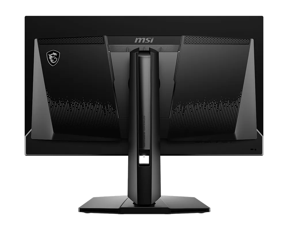 Egy fekete MSI monitor hátulja, gaming logóval és szellőzőrésekkel.